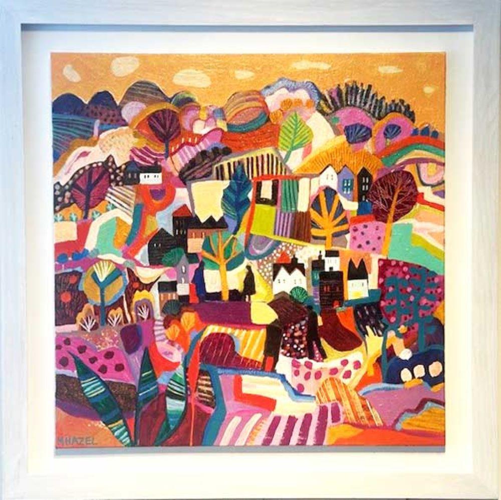 Es ist eine lange Geschichte - Expressionistisches und leuchtendes, farbenfrohes, halb-abstraktes Gemälde. – Painting von Moira Hazel