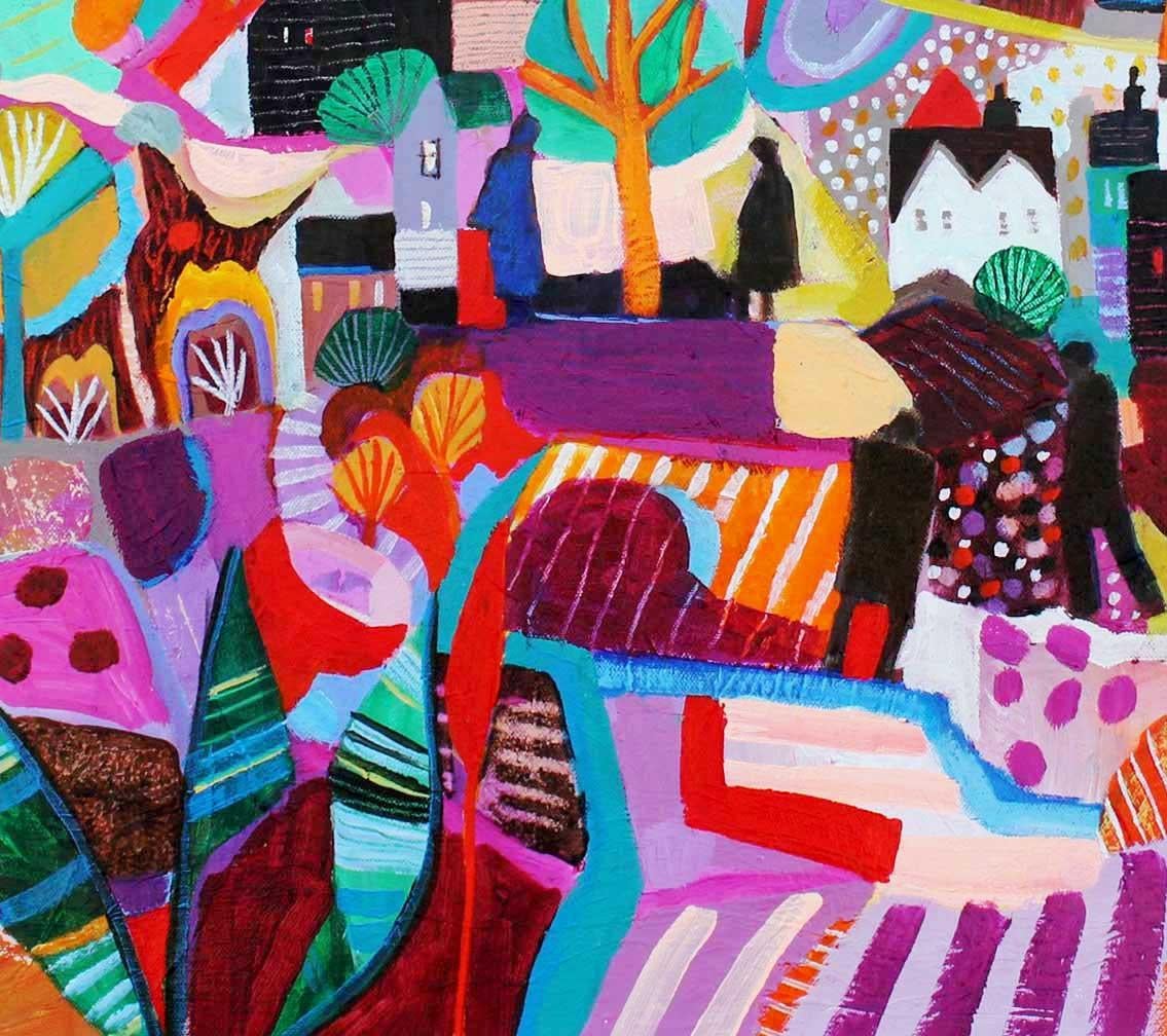 Es ist eine lange Geschichte - Expressionistisches und leuchtendes, farbenfrohes, halb-abstraktes Gemälde. (Zeitgenössisch), Painting, von Moira Hazel