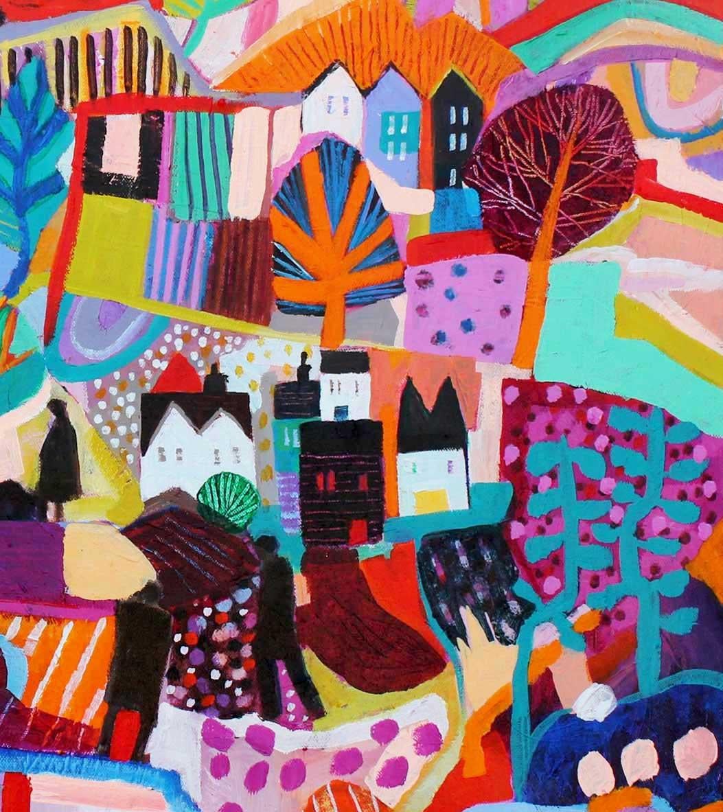 Es ist eine lange Geschichte - Expressionistisches und leuchtendes, farbenfrohes, halb-abstraktes Gemälde. (Pink), Landscape Painting, von Moira Hazel