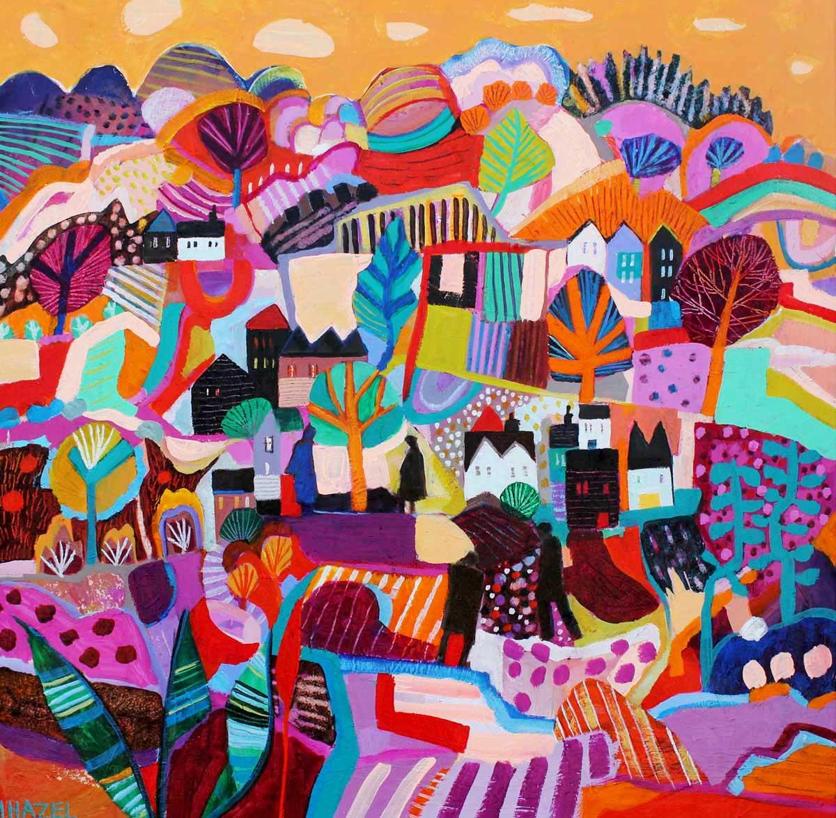 C'est une longue histoire - peinture semi-abstraite expressive et colorée et vibrante.