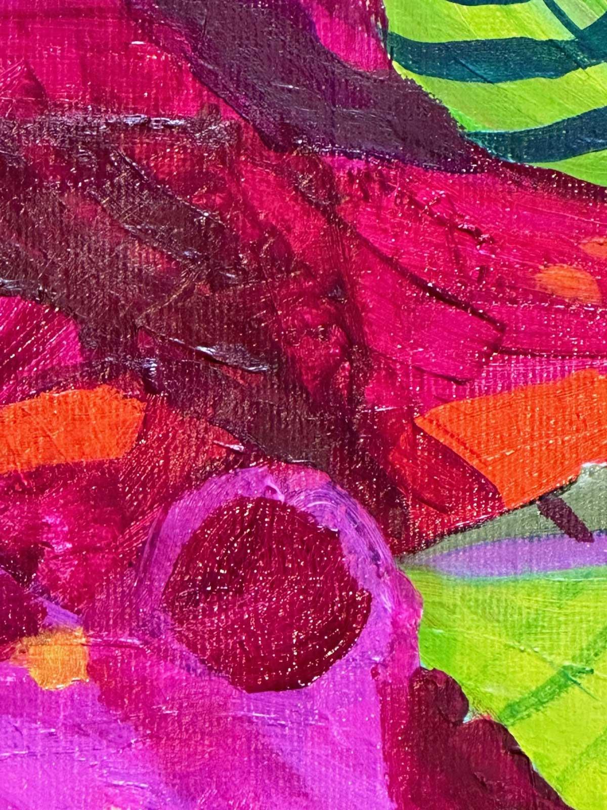 Juicy Colours - Expressionistisches und leuchtendes, farbenfrohes, halb-abstraktes Gemälde.  – Painting von Moira Hazel