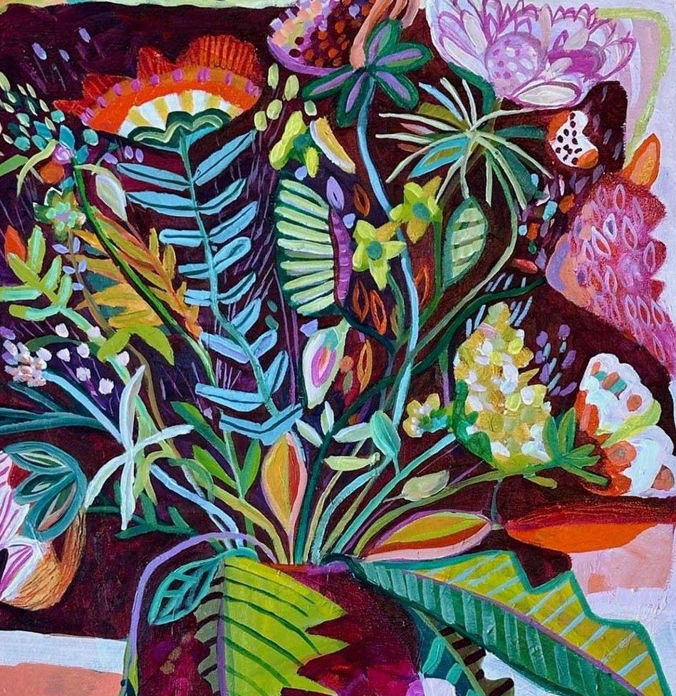 Juicy Colours - Expressionistisches und leuchtendes, farbenfrohes, halb-abstraktes Gemälde.  (Zeitgenössisch), Painting, von Moira Hazel