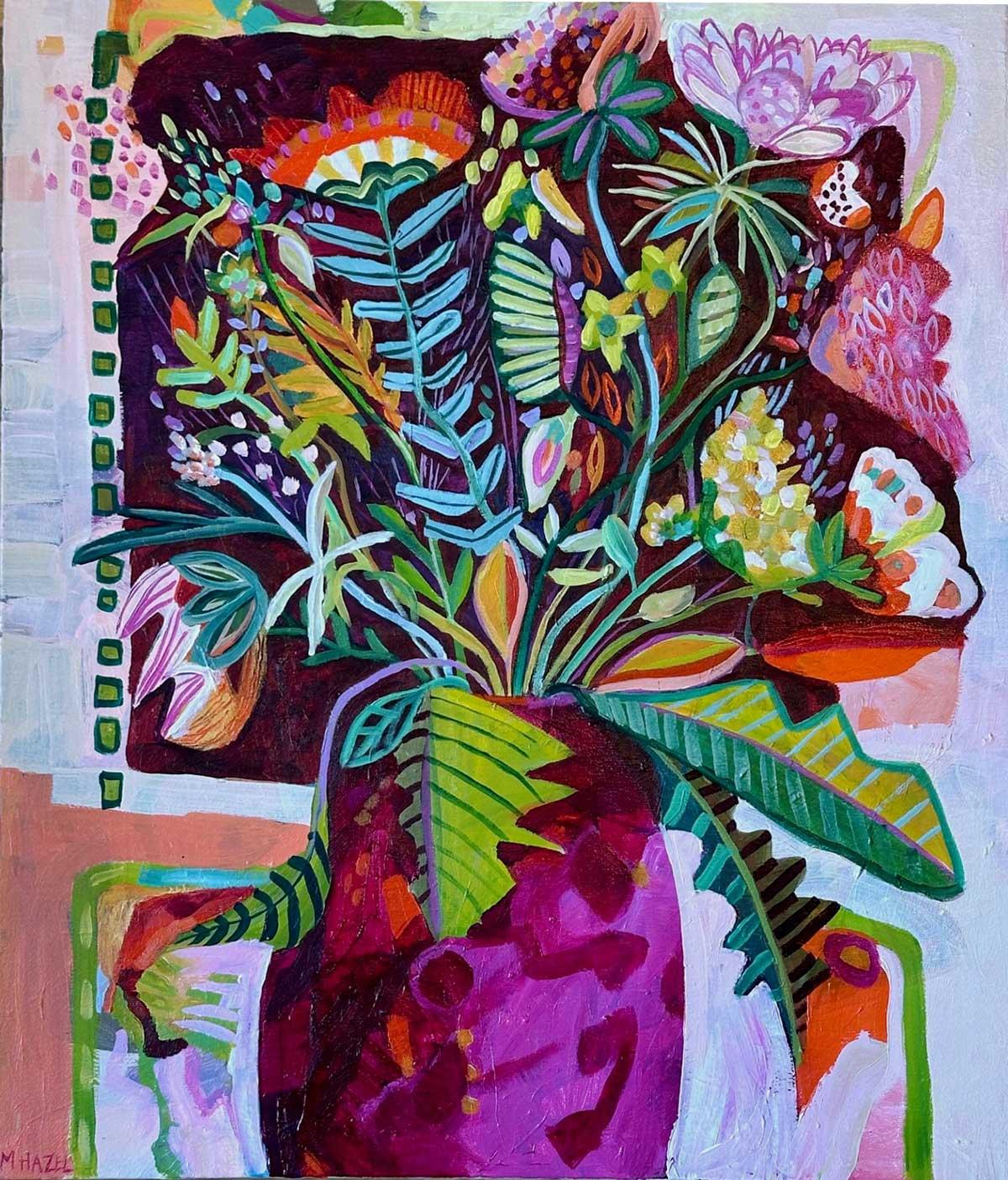 Moira Hazel Abstract Painting – Juicy Colours - Expressionistisches und leuchtendes, farbenfrohes, halb-abstraktes Gemälde. 