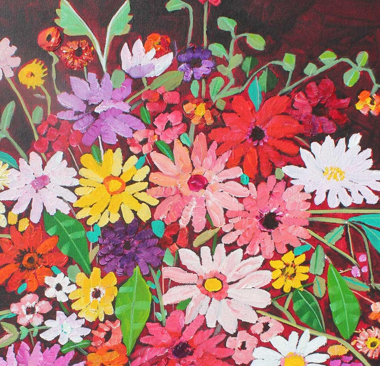 Maroon Daze - Expressionistisches und leuchtendes, farbenfrohes, halb-abstraktes Gemälde. (Zeitgenössisch), Painting, von Moira Hazel