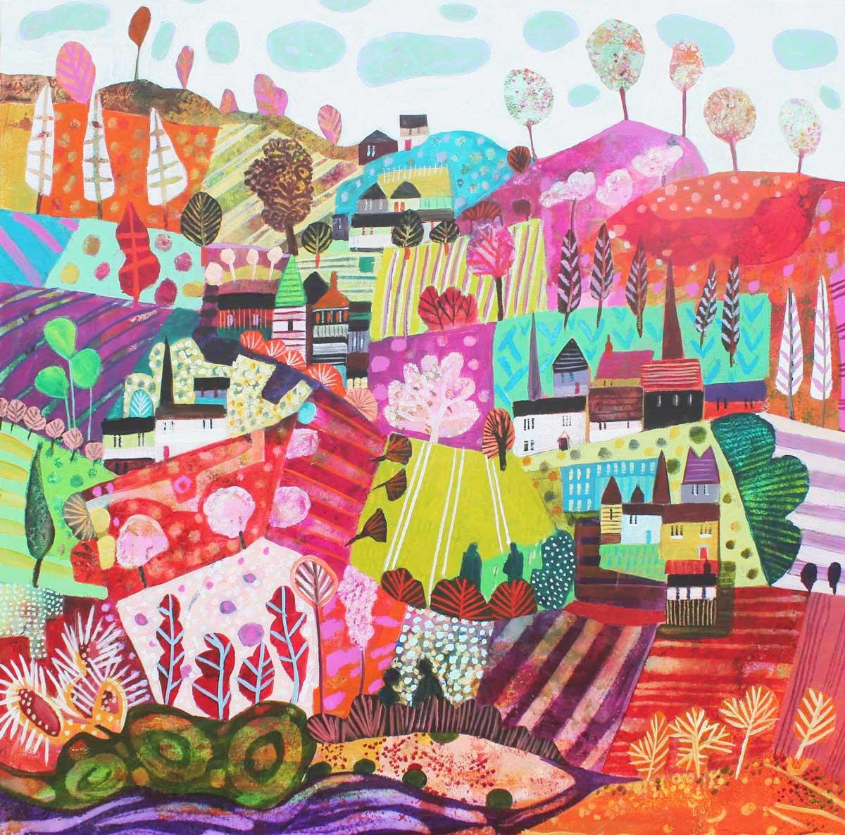 Moira Hazel Abstract Painting - One More Step - Expressive and vibrant colourful semi abstract painting.