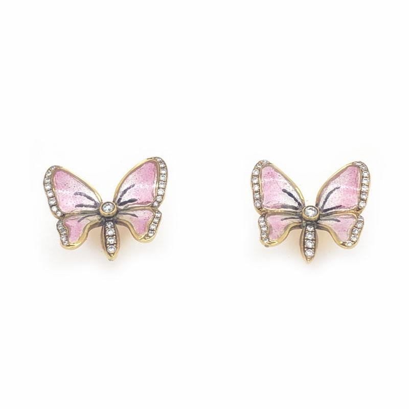 A pair of Moira pink butterfly earrings, with red to colourless, plique à jour, enamel wings, with black veins, with round brilliant-cut diamonds, set in the thorax, abdomen and wing edges, mounted in 18ct yellow gold, with alpha clip fittings.