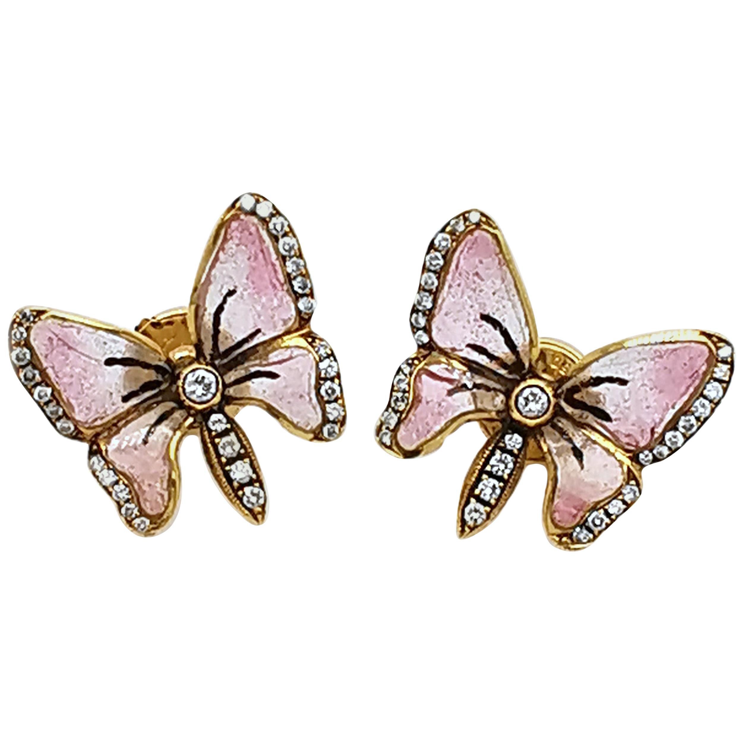 Moira Pink Enamel and Diamond Butterfly Earrings For Sale
