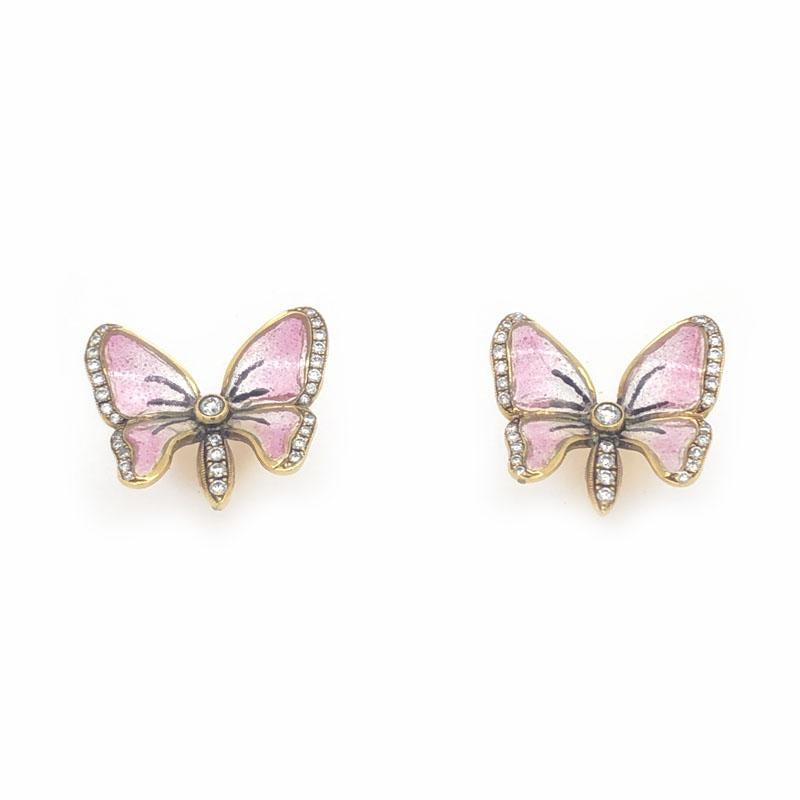 Moderno Orecchini a farfalla in oro, diamanti e smalto Pink Plique à Jour di Moira in vendita