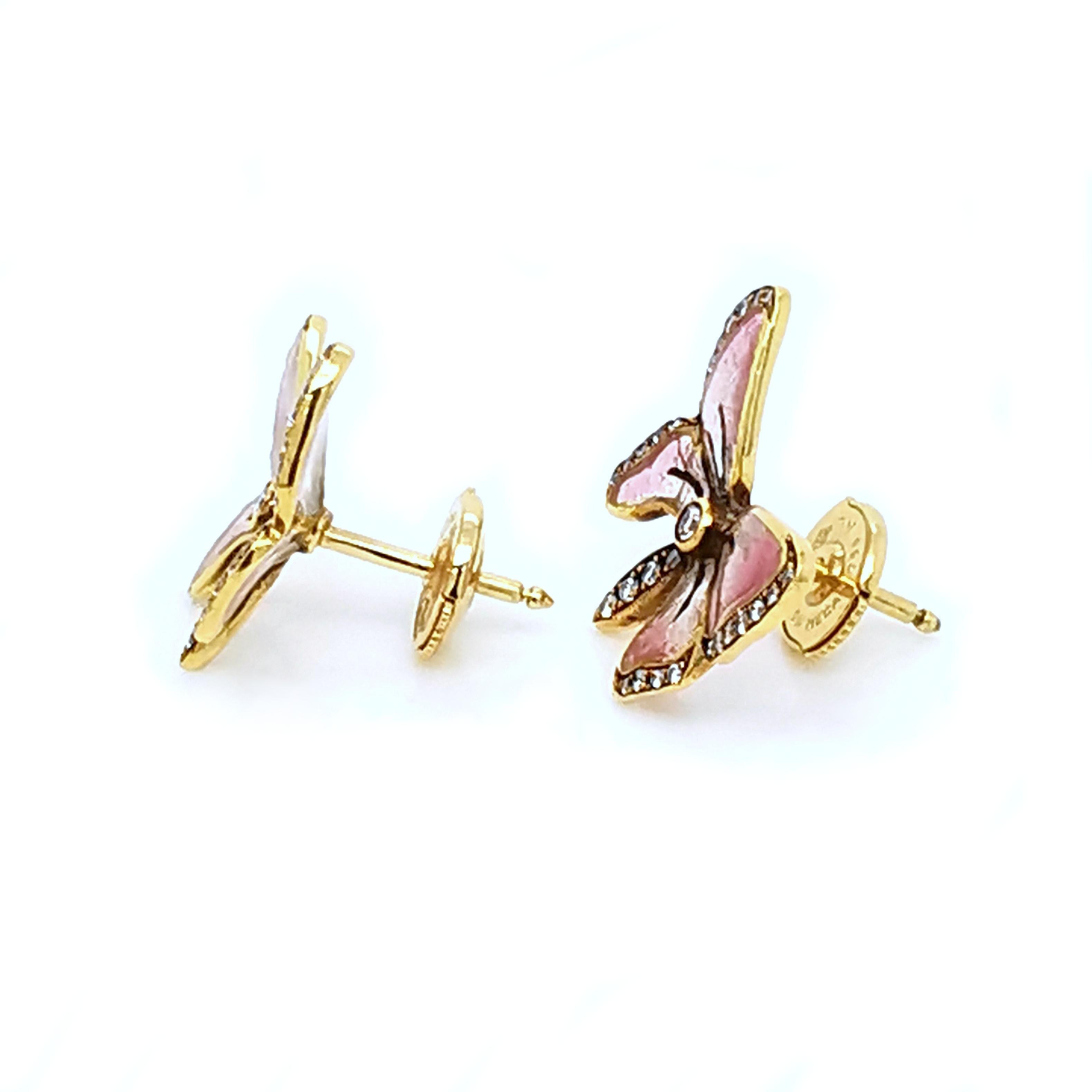 Orecchini a farfalla in oro, diamanti e smalto Pink Plique à Jour di Moira In condizioni Nuovo in vendita a London, GB