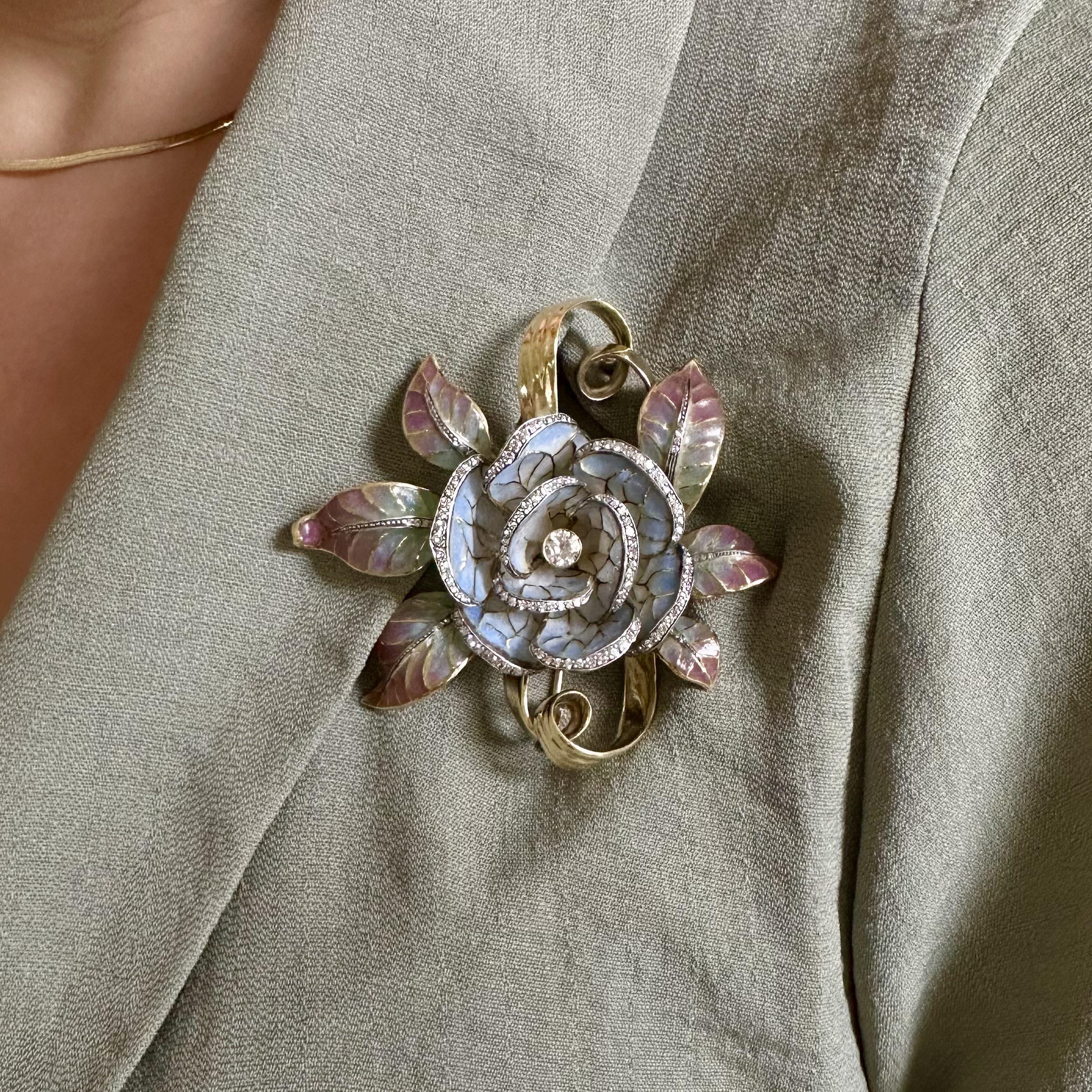 Modern Moira Plique À Jour Enamel, Diamond, Gold And Silver Flower Brooch For Sale