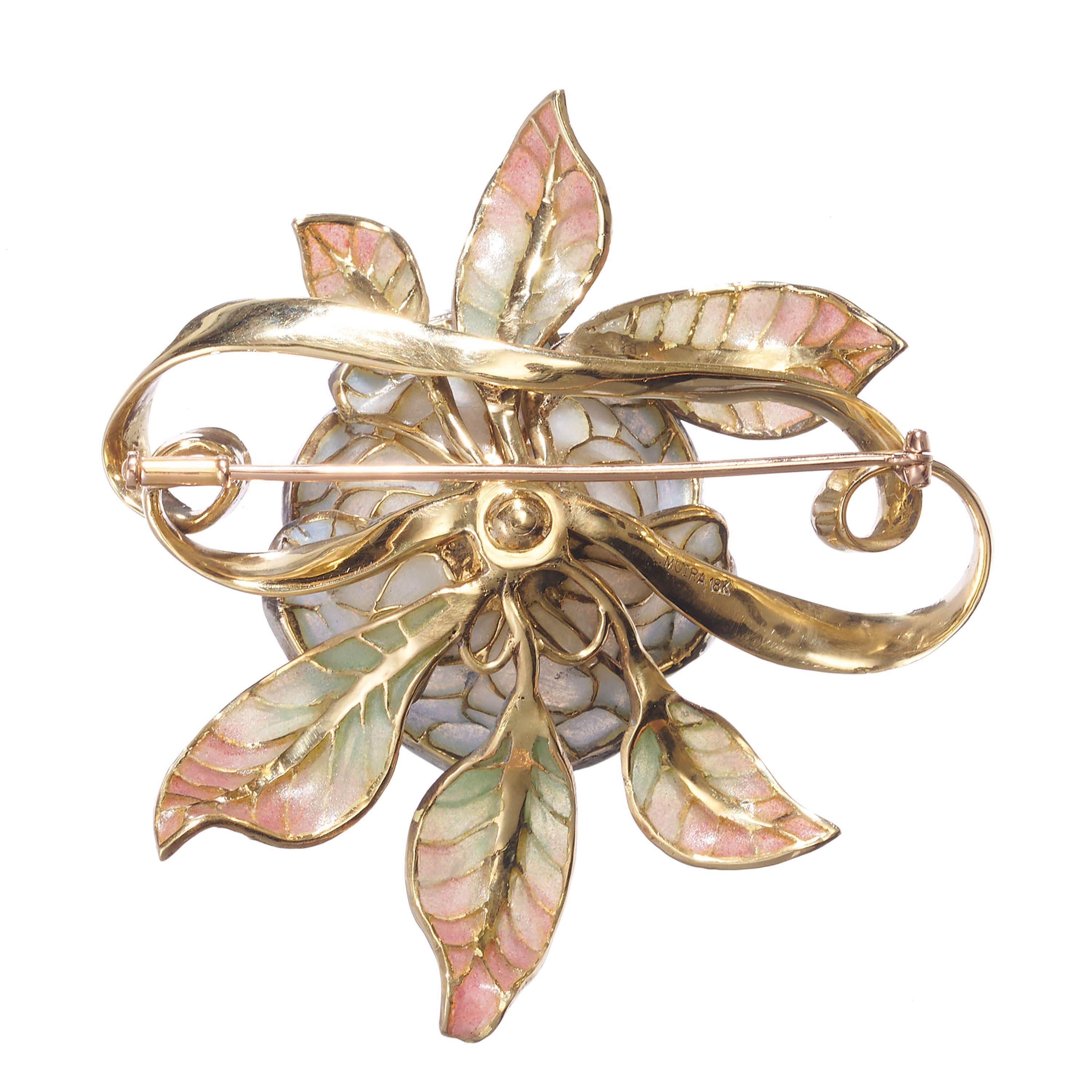 Moira Plique À Jour Enamel, Diamond, Gold And Silver Flower Brooch In Good Condition For Sale In London, GB