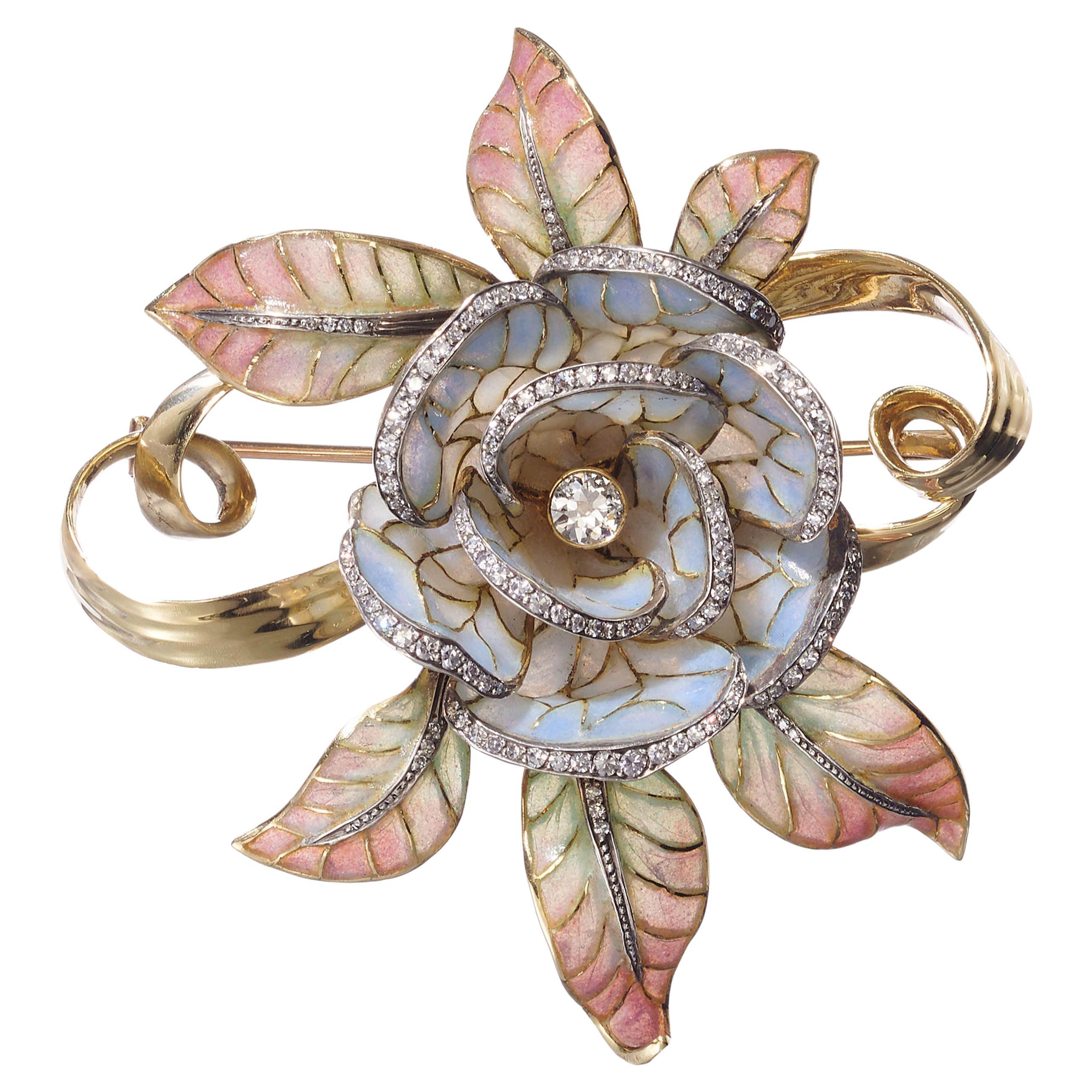 Broche fleur en émail, diamants, or et argent de Moira Plique À Jour