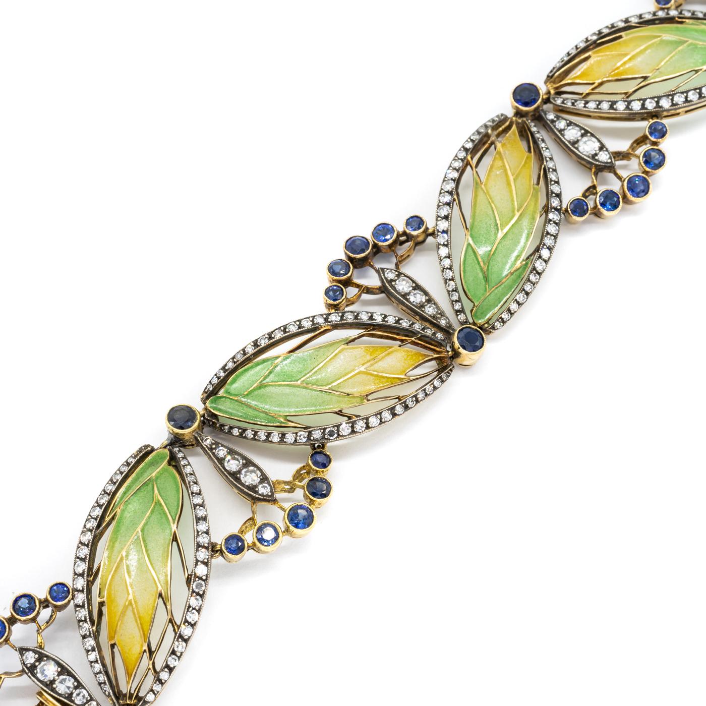 Moira Plique à Jour Enamel Sapphire Diamond Silver Gold Bracelet In New Condition In London, GB