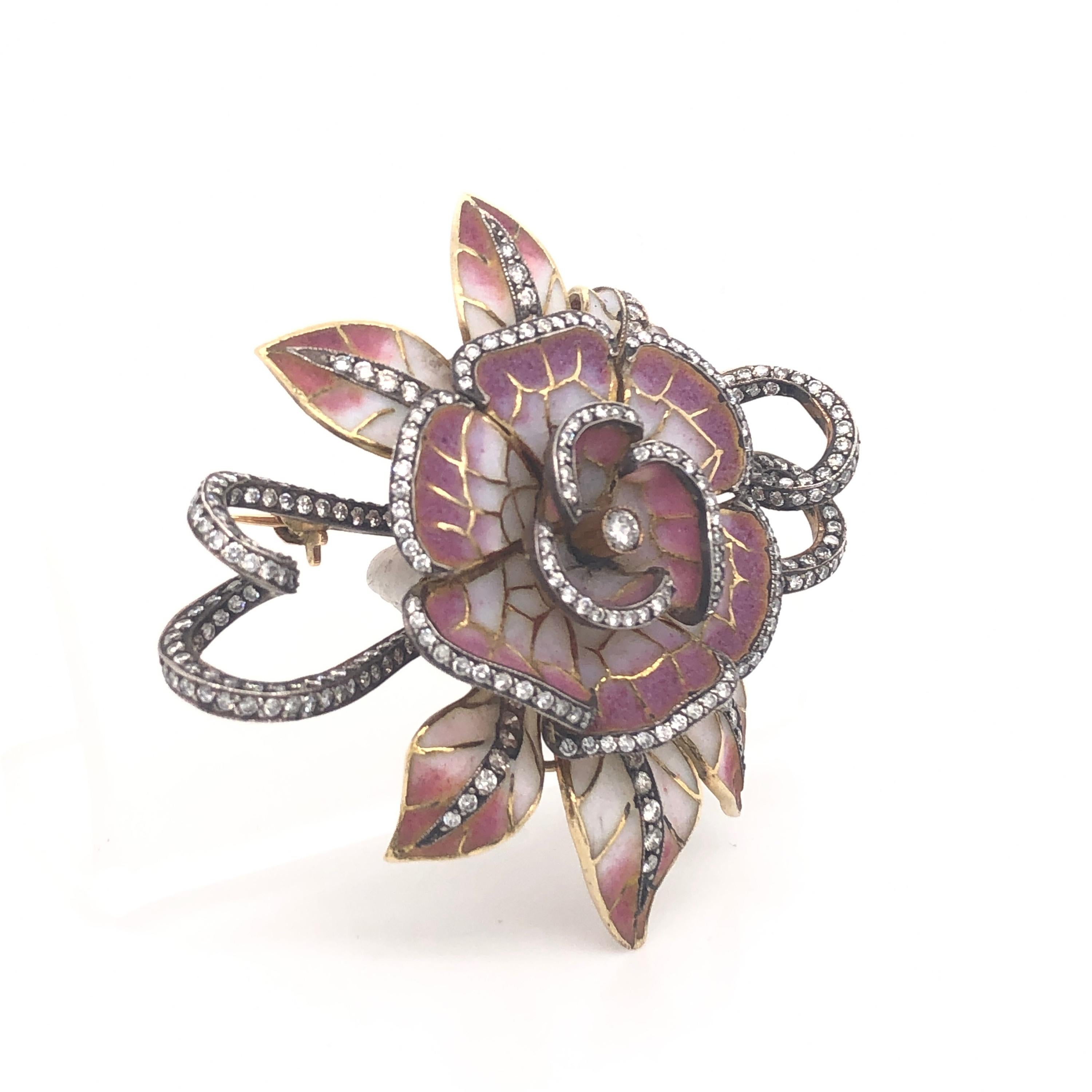 Moira Plique à Jour Enamel Silver Gold Flower Brooch In Excellent Condition In London, GB