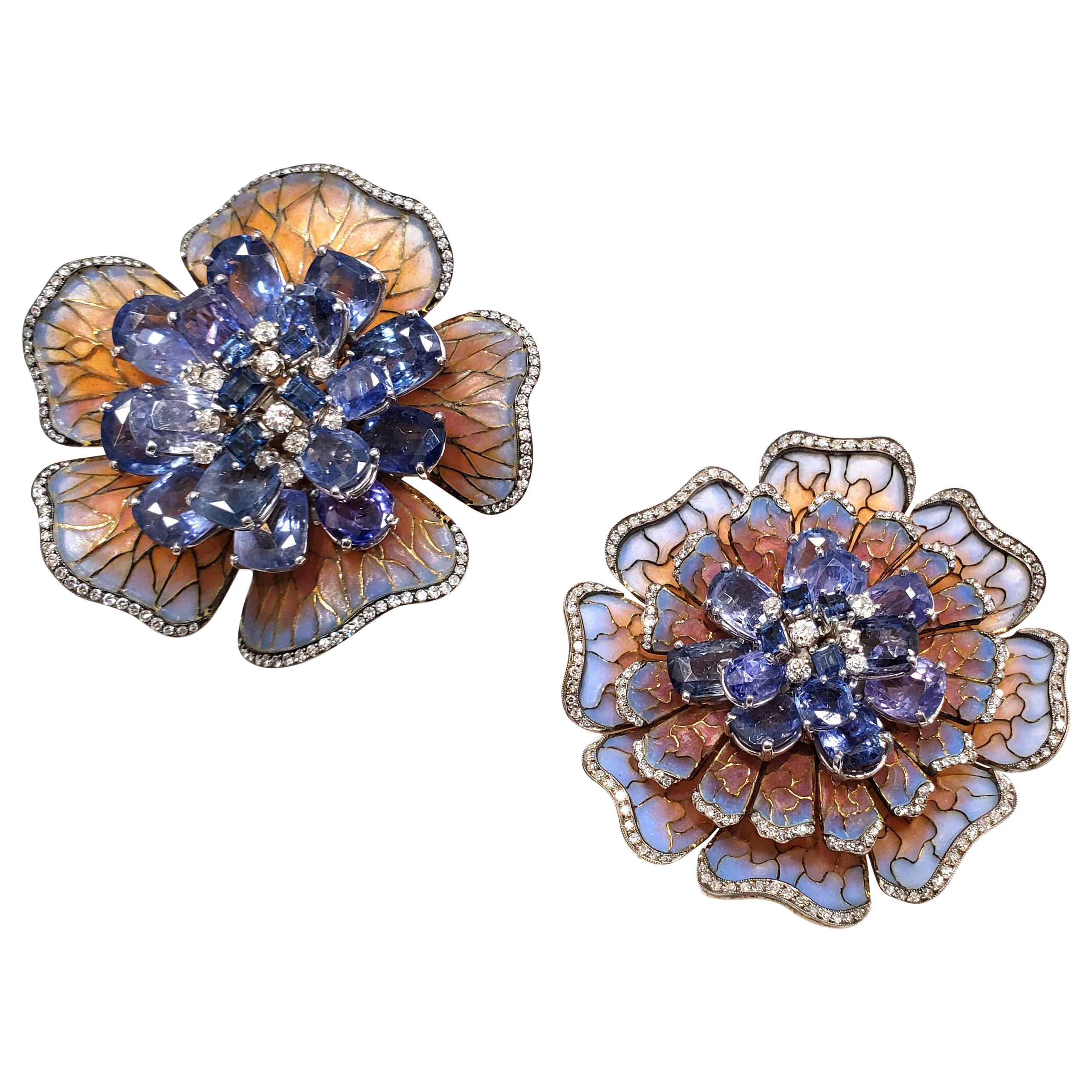 Moira of London, Plique-à-Jour Sapphire and Diamond Flower Pins/ Brooches For Sale