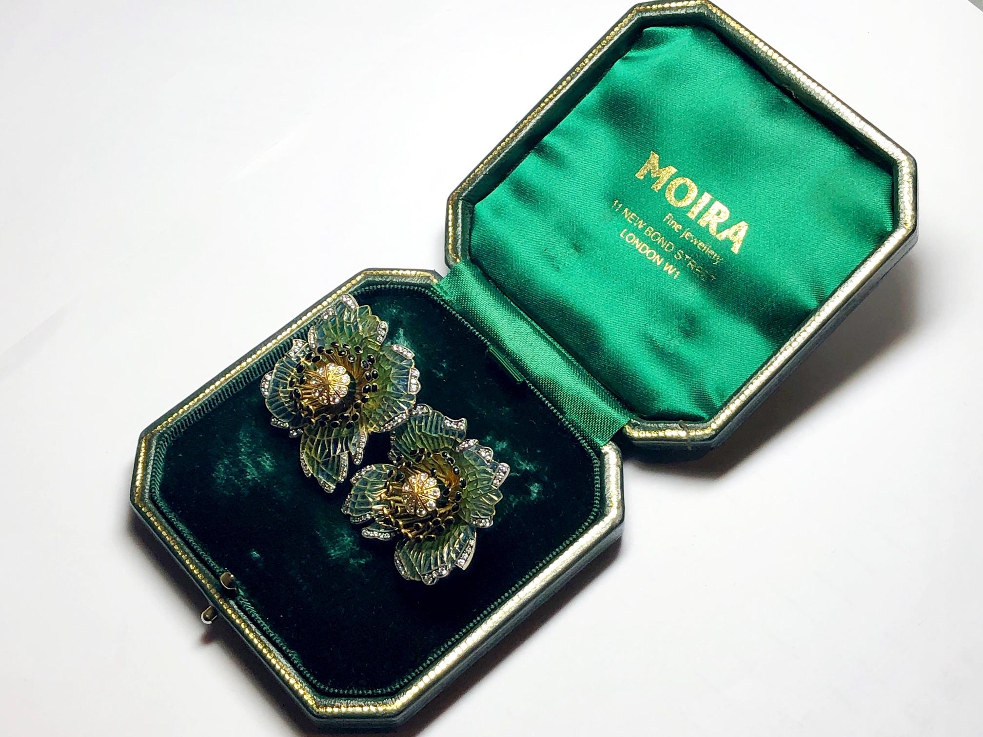 Moira Poppy Plique à Jour Enamel Diamond Silver Gold Earrings In Good Condition In London, GB