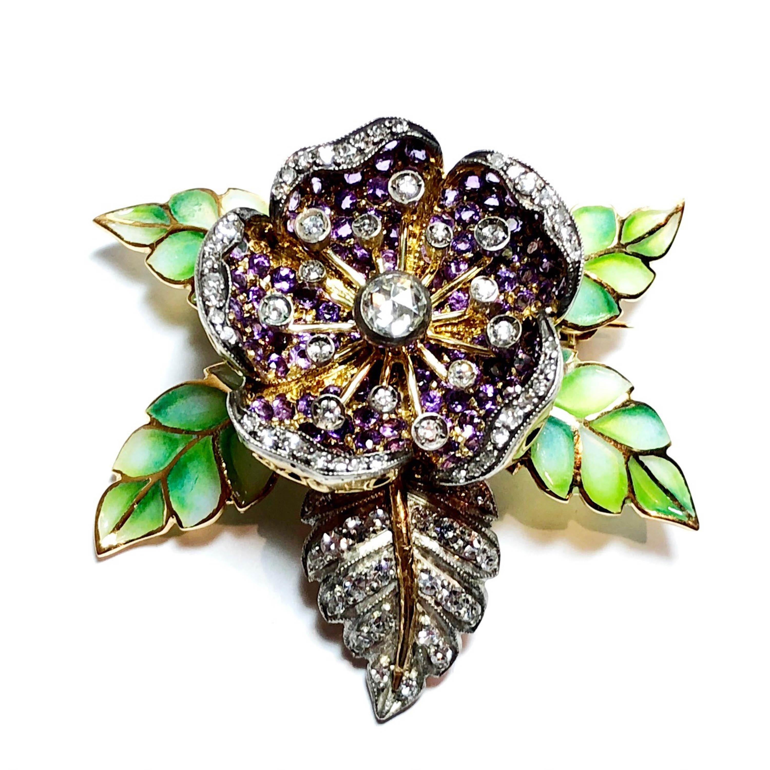 Modern Moira Purple Sapphire and Diamond Rose Flower Brooch