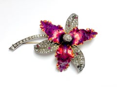 Moira Red Enamel and Diamond Orchid Brooch