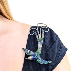 Moira Sapphire, Diamond, Emerald and Silver Upon Gold Bird of Paradise Brooch