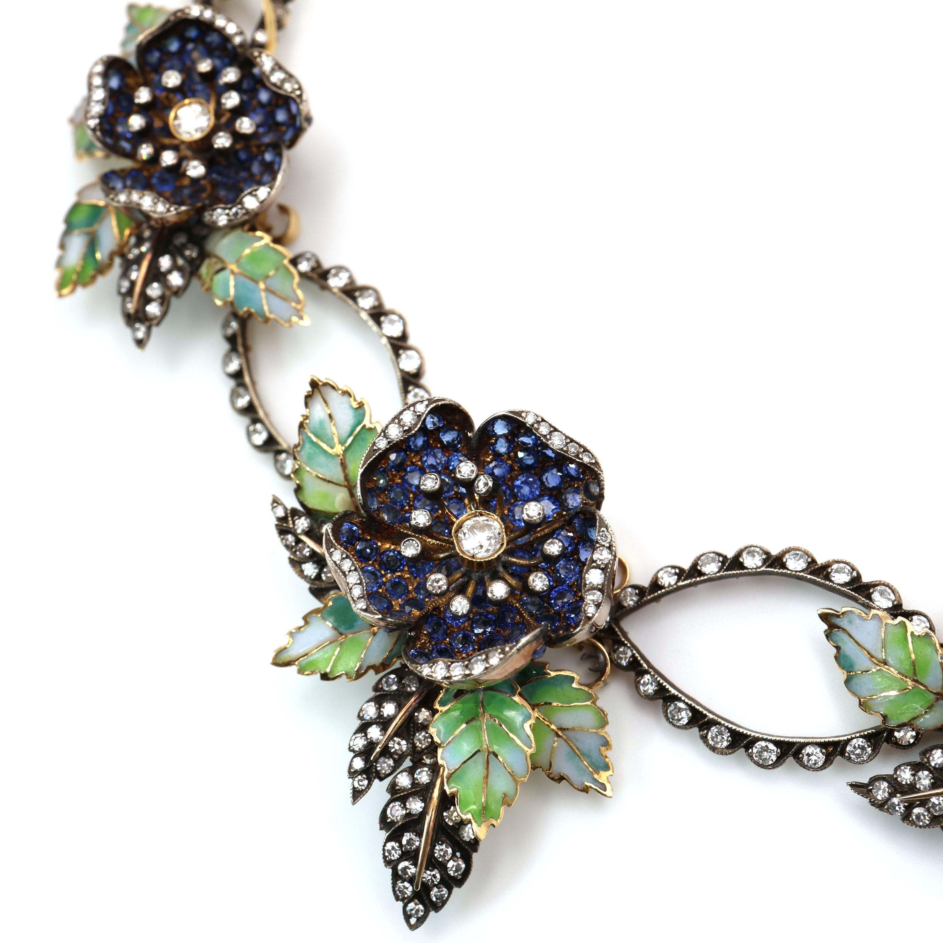 Collar Moira de Zafiro, Diamante, Esmalte, Flor y Hoja de Plata y Oro Corte único en venta