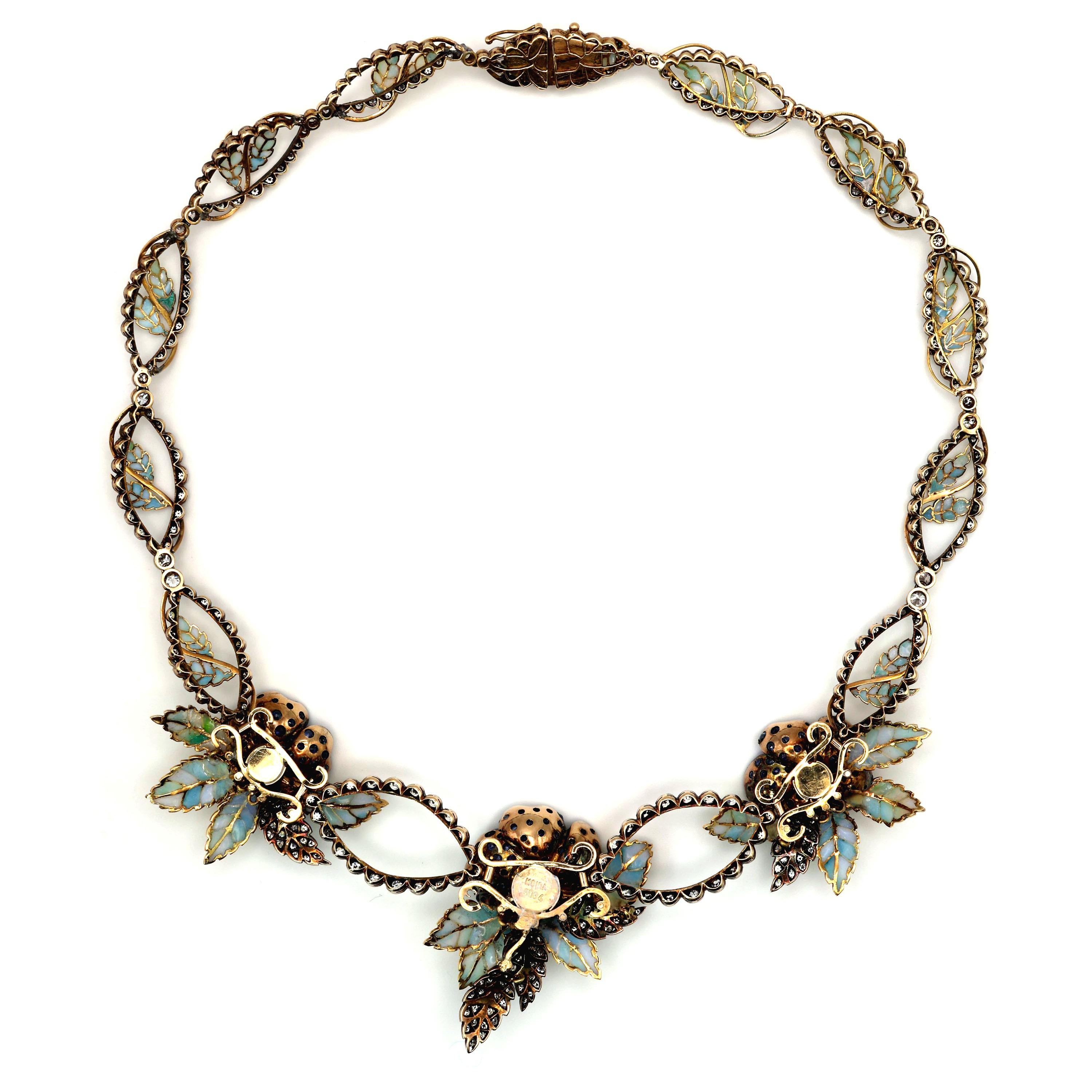 Collar Moira de Zafiro, Diamante, Esmalte, Flor y Hoja de Plata y Oro en Excelente estado para la venta en London, GB