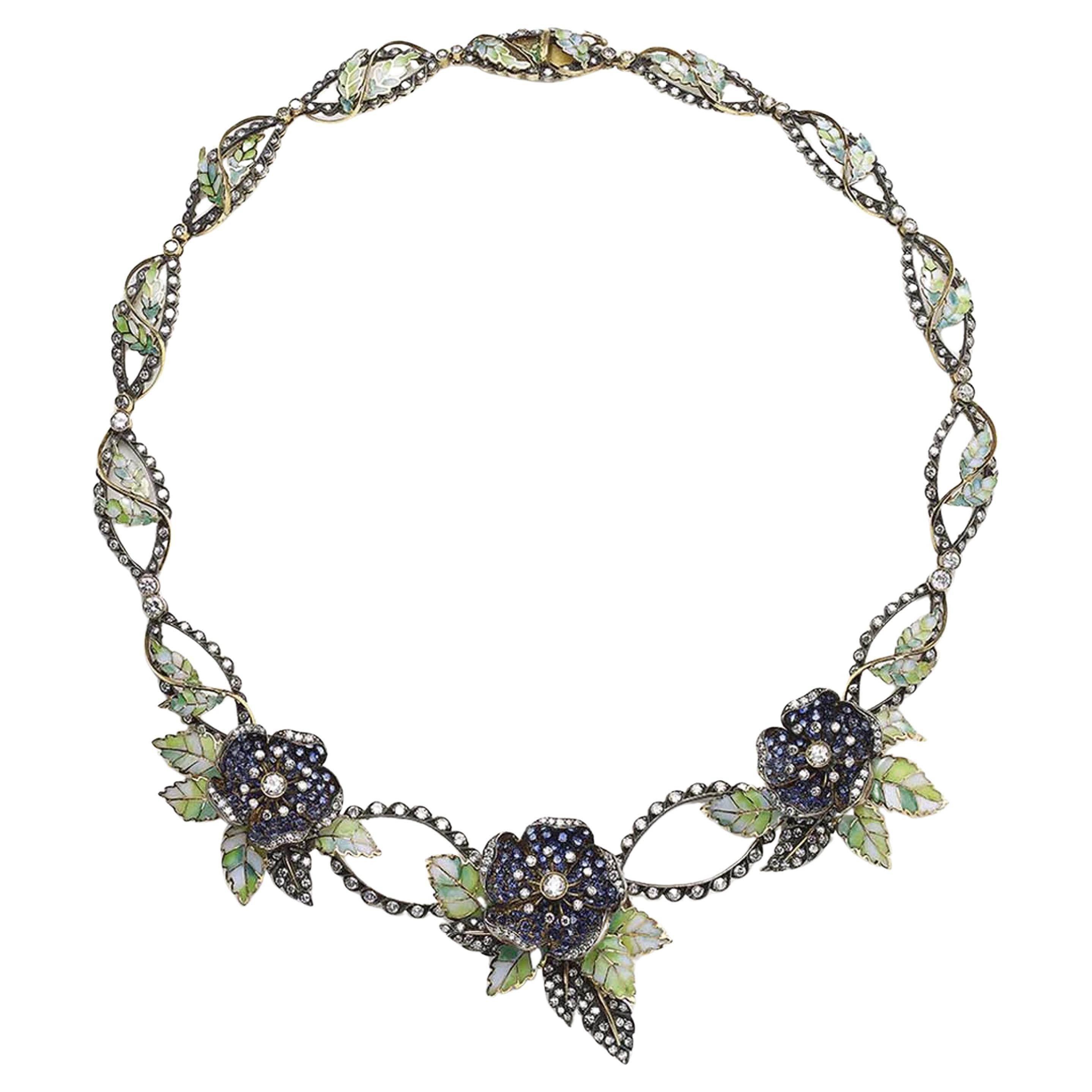 Collar Moira de Zafiro, Diamante, Esmalte, Flor y Hoja de Plata y Oro en venta