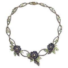 Moira Sapphire, Diamond, Enamel, Silver and Gold Flower and Leaf Necklace