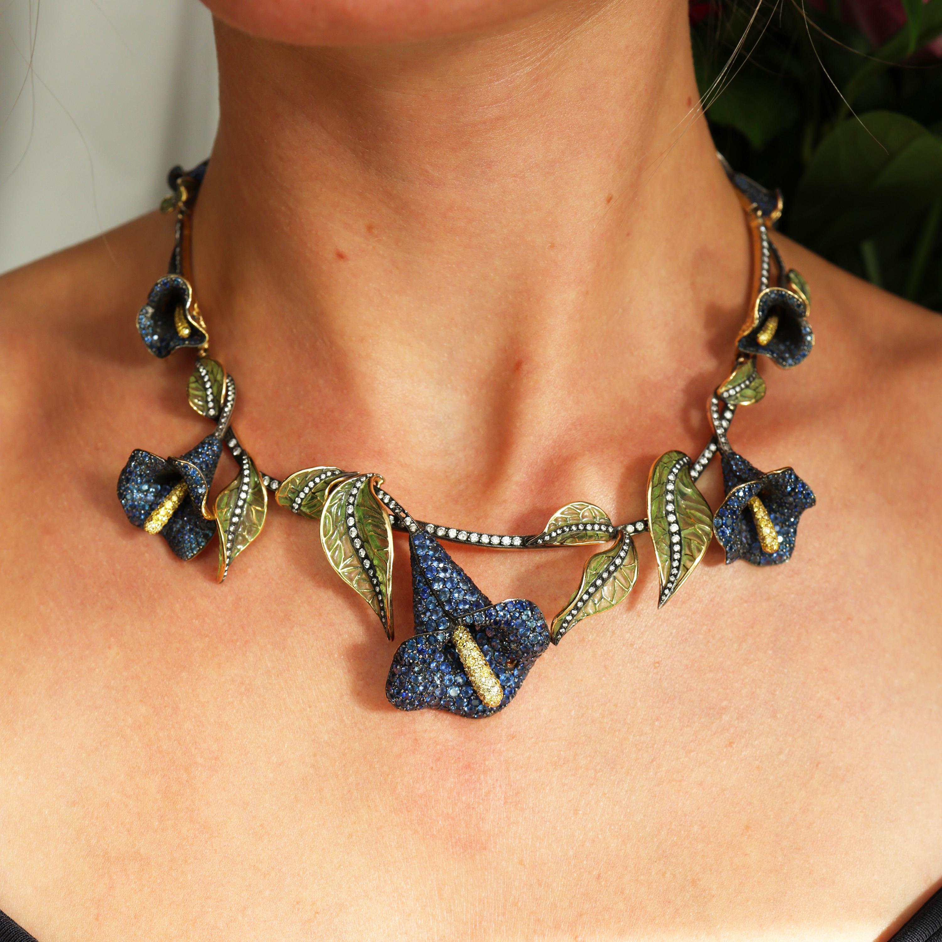 Women's Moira Sapphire Diamond Plique à Jour Enamel Silver and Gold Calla Lily Necklace For Sale