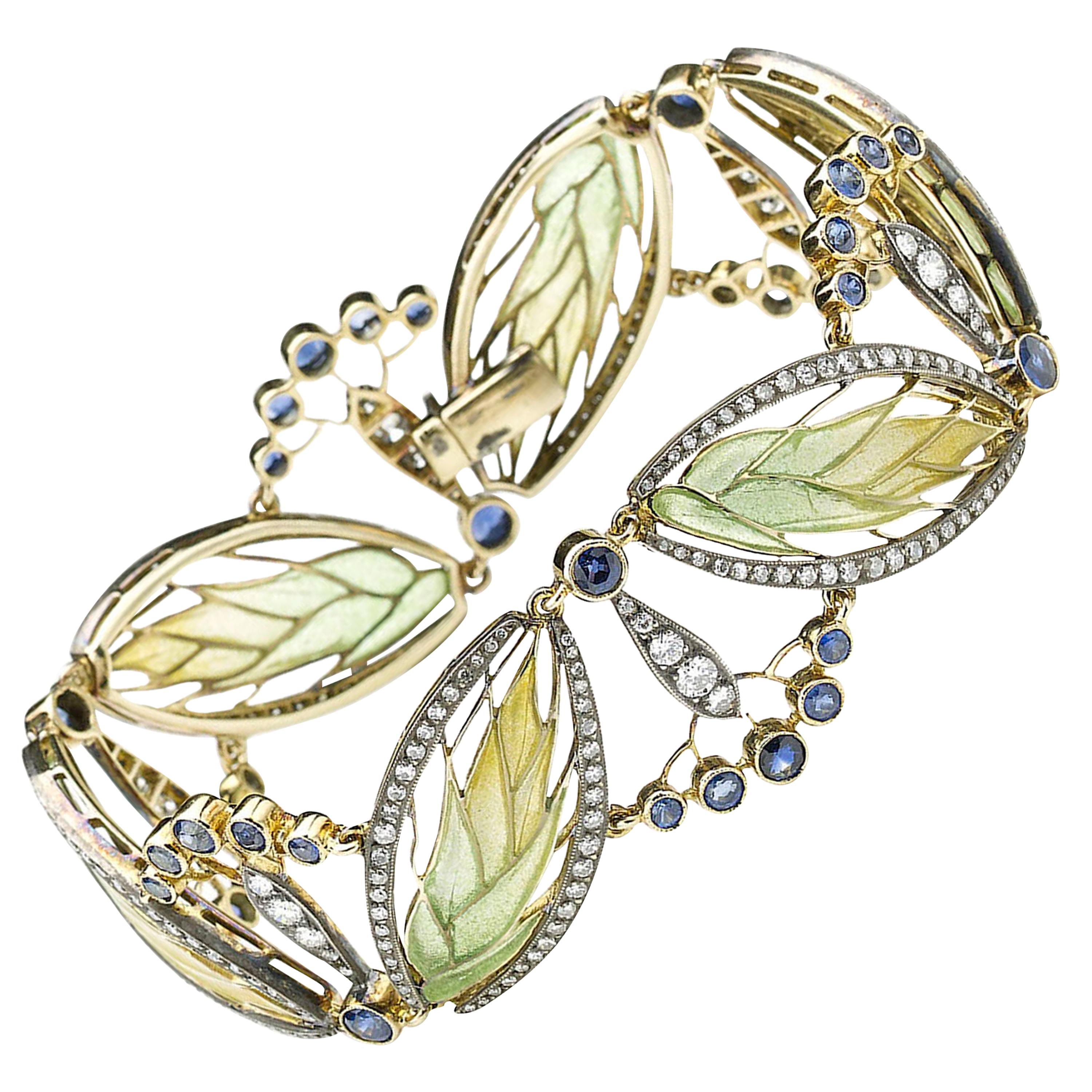 Moira Wheat and Seed Heads Plique-à-Jour Enamel Sapphire and Diamond Bracelet