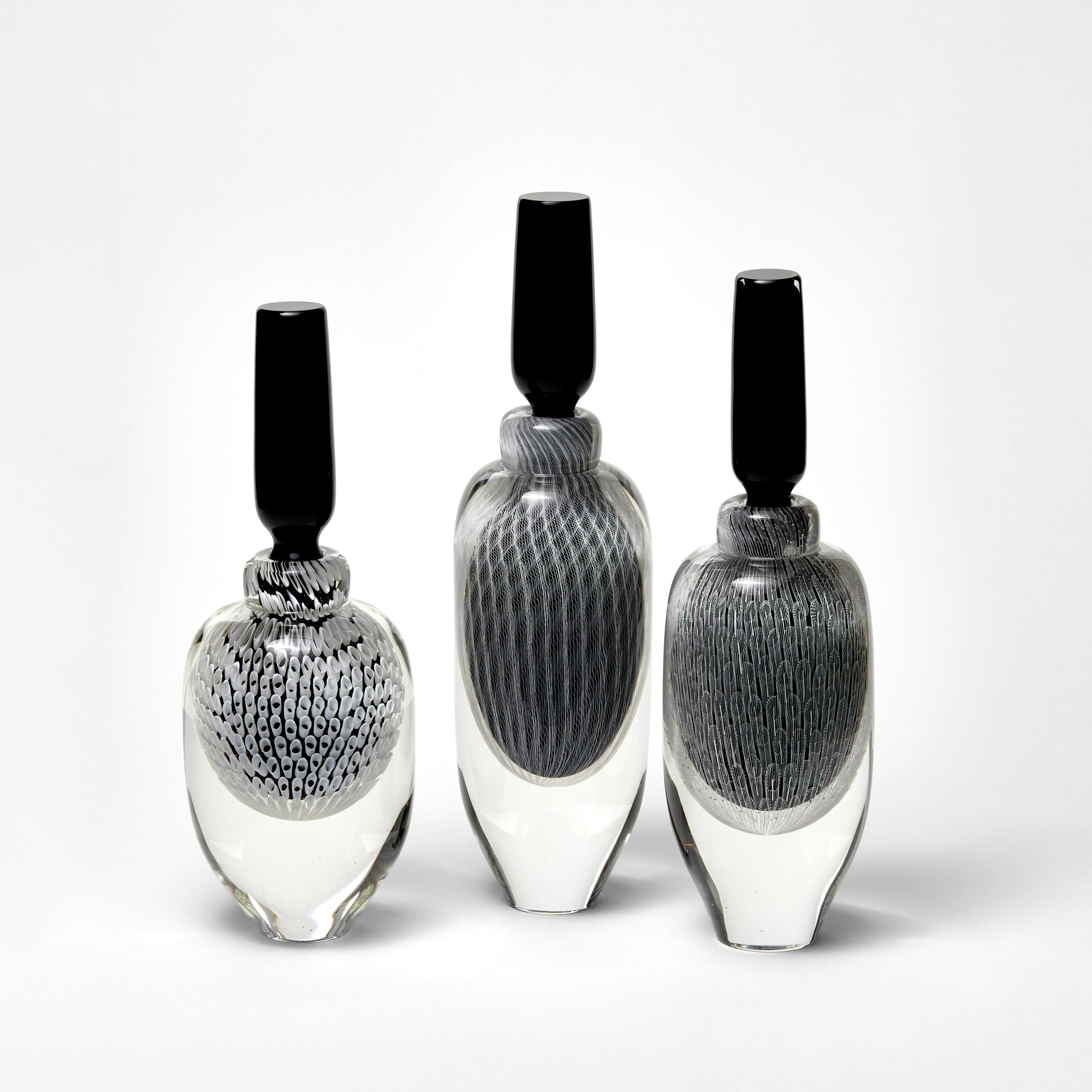Hand-Crafted Moire, a Black, White & Clear Large Sculptural Glass Bottle by Peter Bowles For Sale