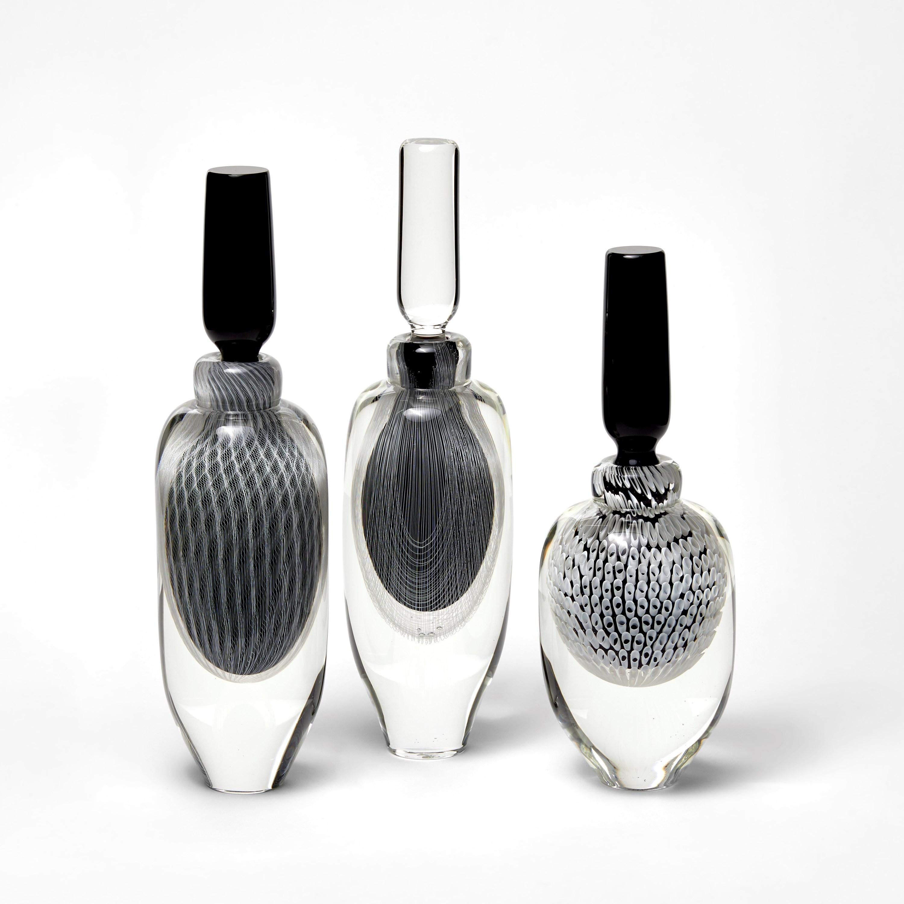 Moire, a Black, White & Clear Large Sculptural Glass Bottle by Peter Bowles In New Condition For Sale In London, GB