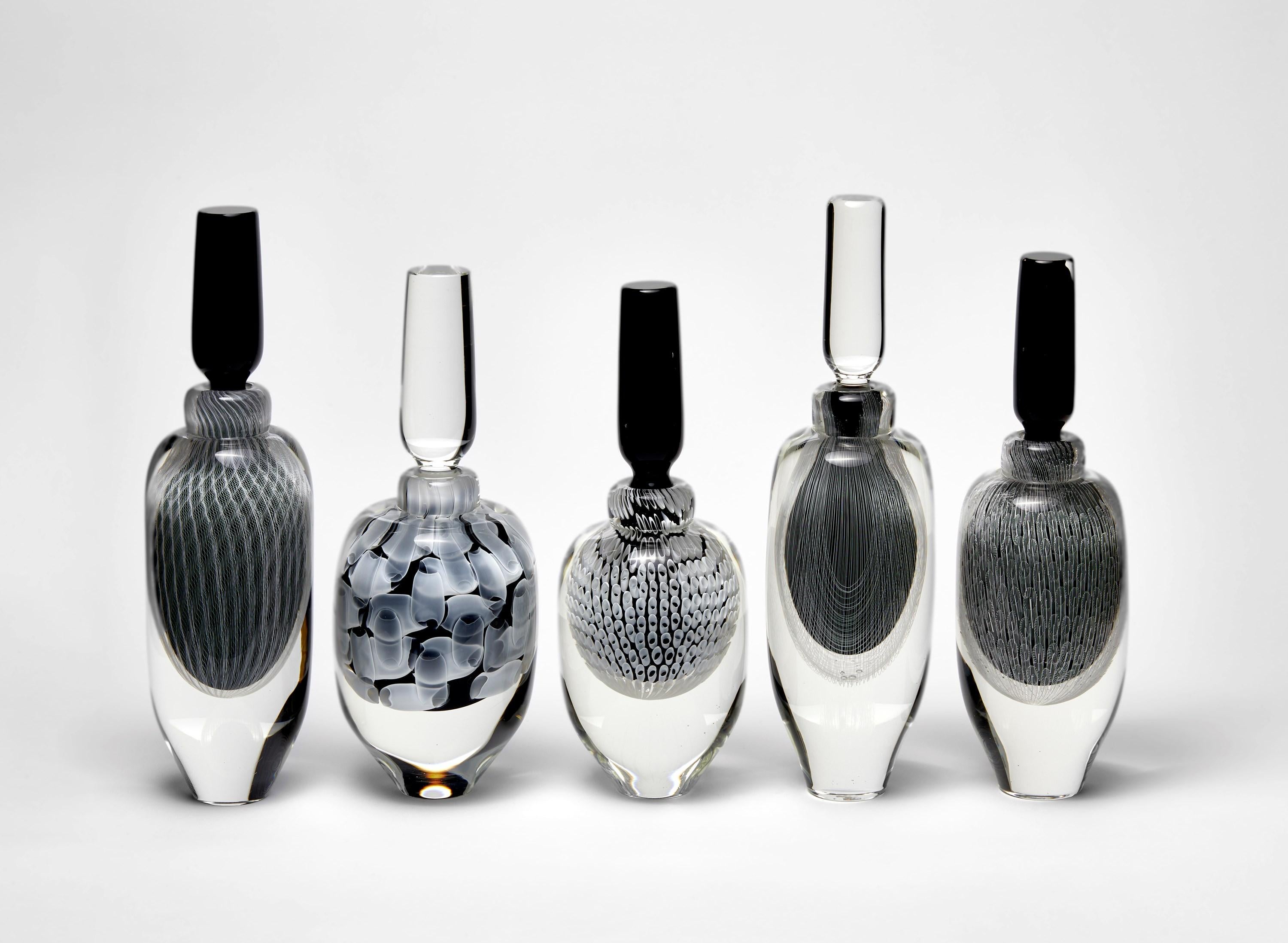 Contemporary Moire, a Black, White & Clear Large Sculptural Glass Bottle by Peter Bowles For Sale