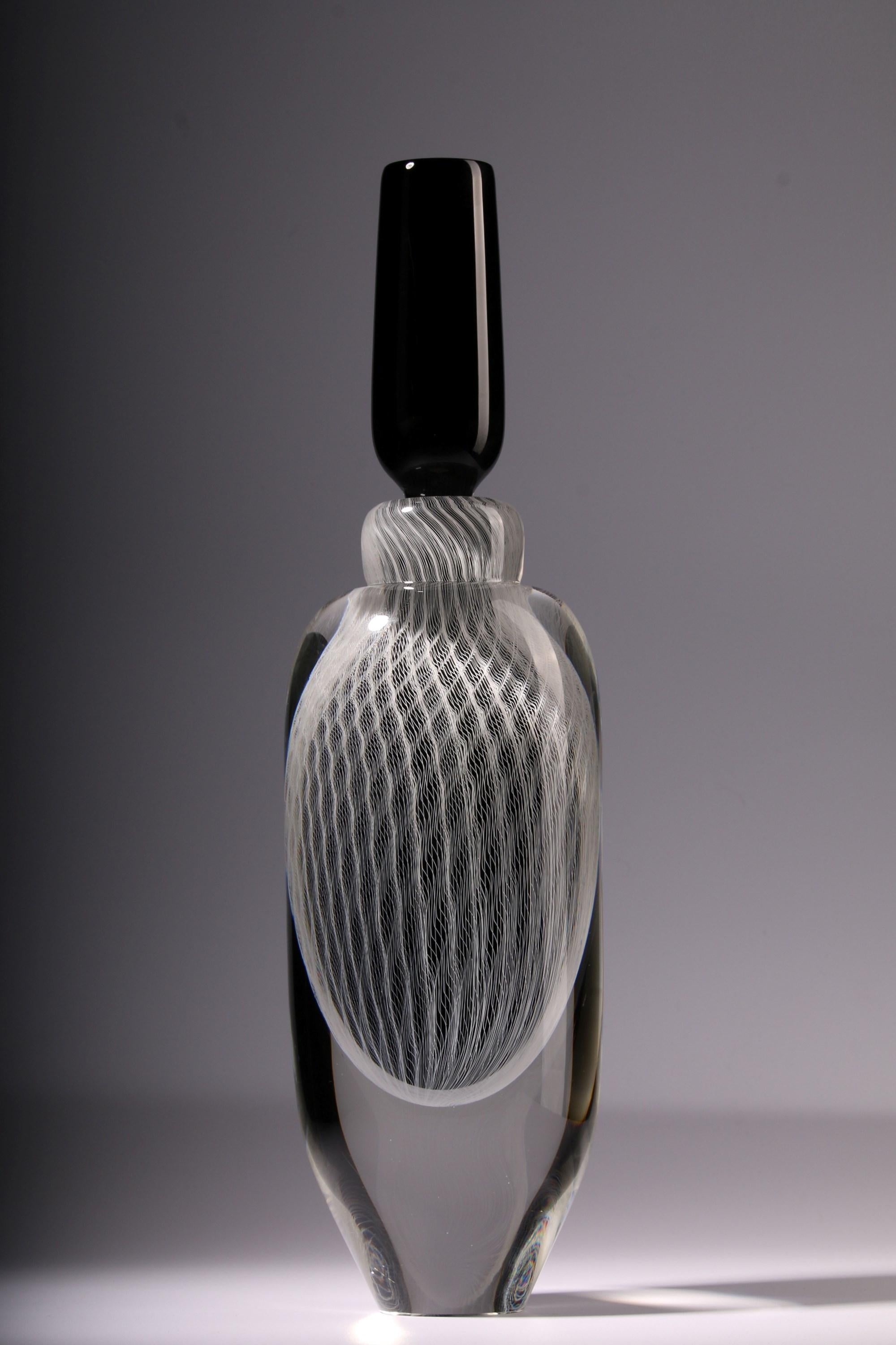 Moire, a Black, White & Clear Large Sculptural Glass Bottle by Peter Bowles For Sale 1