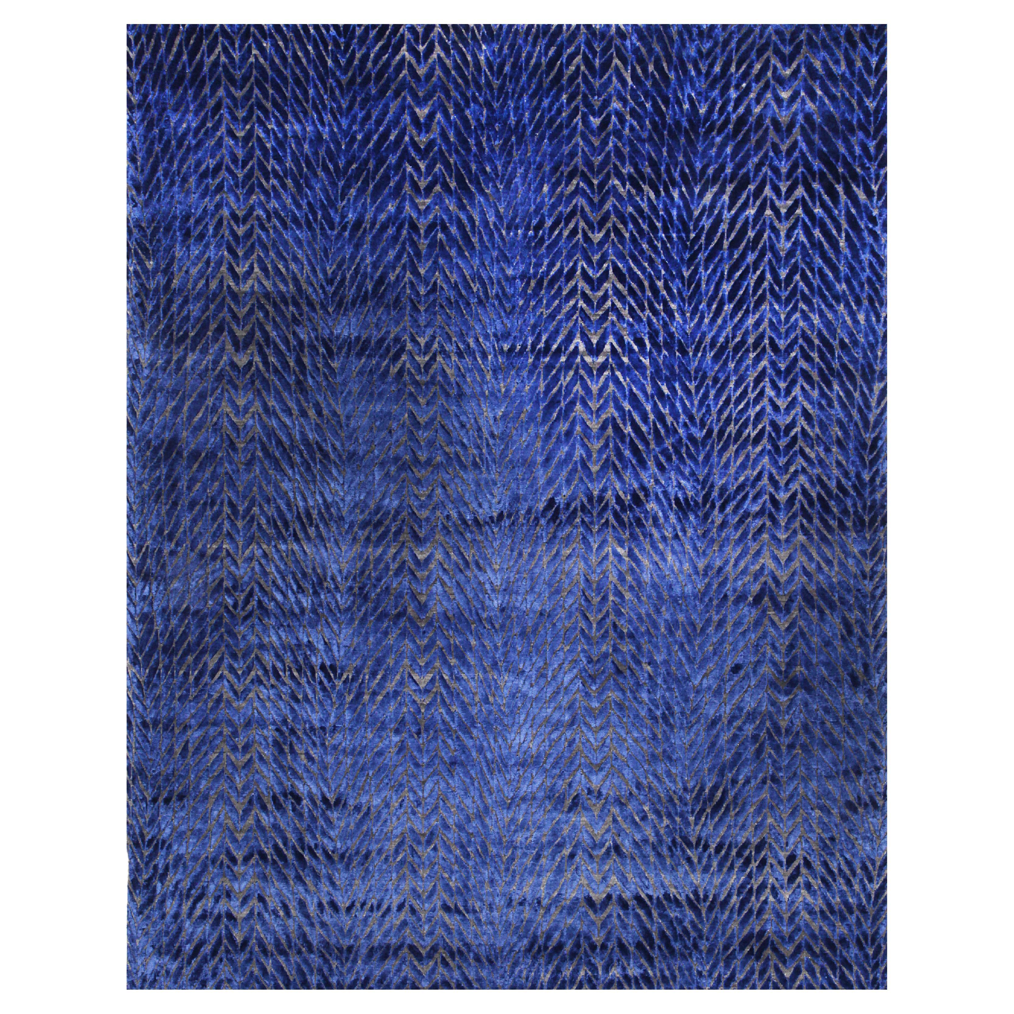 MOIRE Hand Knotted Contemporary Rug in Blue, Ivory & Grey Colours by Hands For Sale