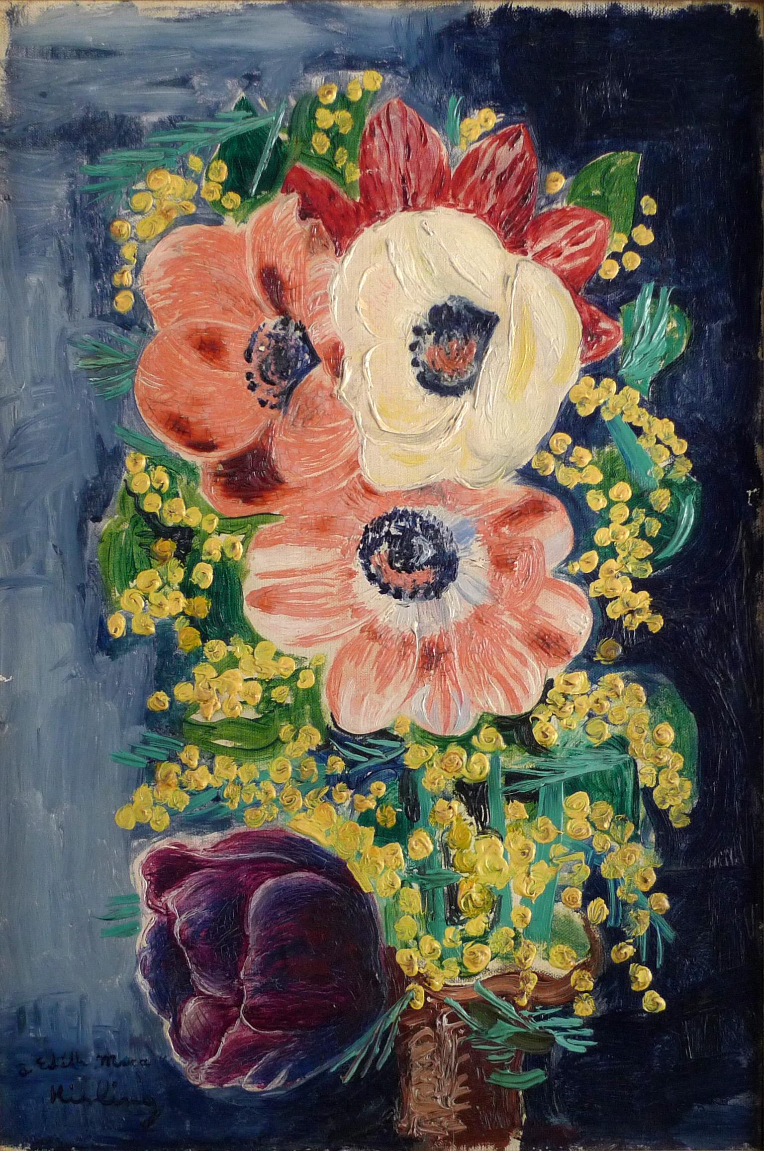 Still-Life Painting Moise Kisling - "Bouquet de fleurs avec mimosas", 20e siècle Huile sur toile de Moïse Kisling