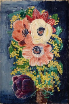 "Bouquet de fleurs avec mimosas", 20e siècle Huile sur toile de Moïse Kisling