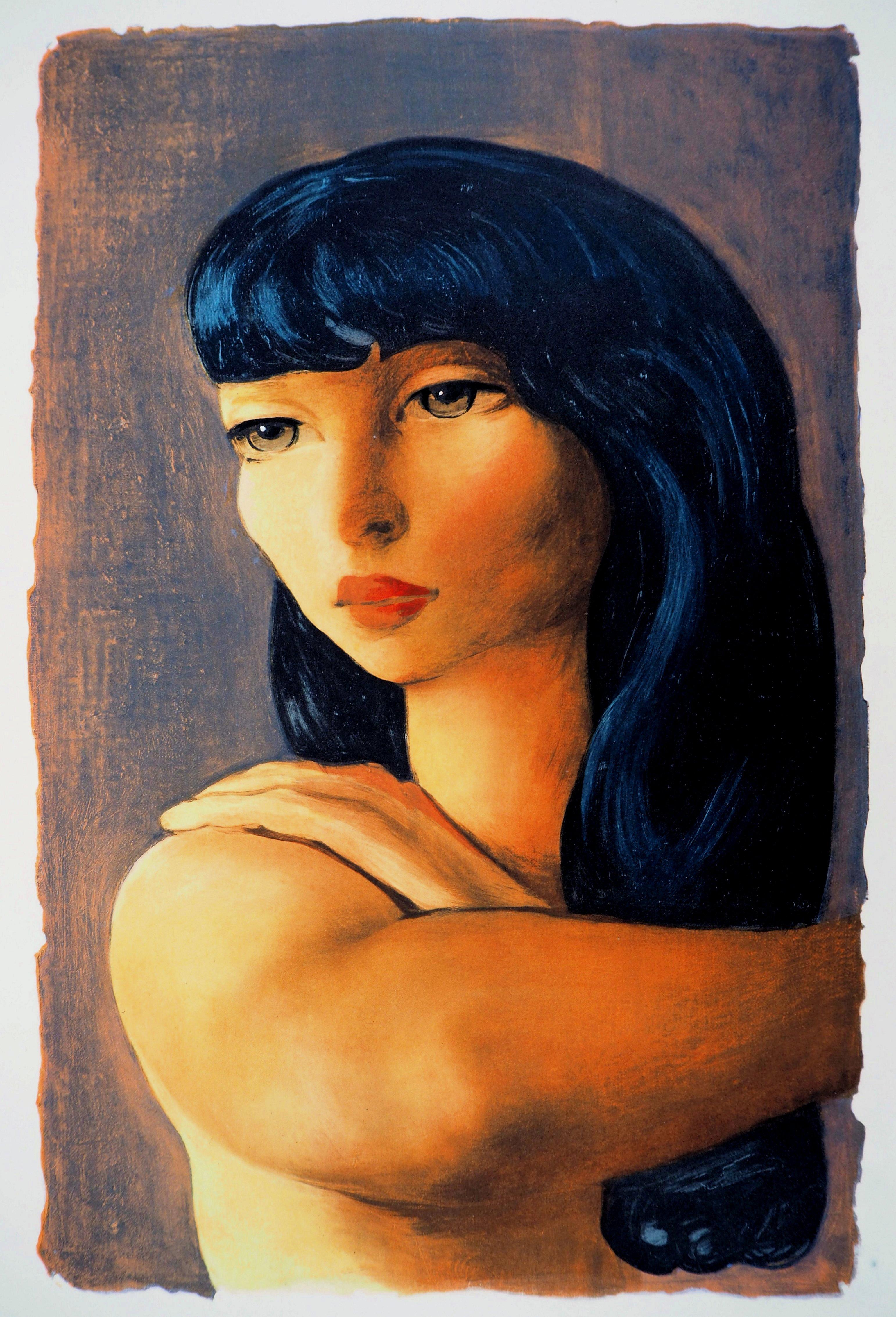 Dark Hair Woman with Tall Eyes - Lithograph - Print by Moise Kisling