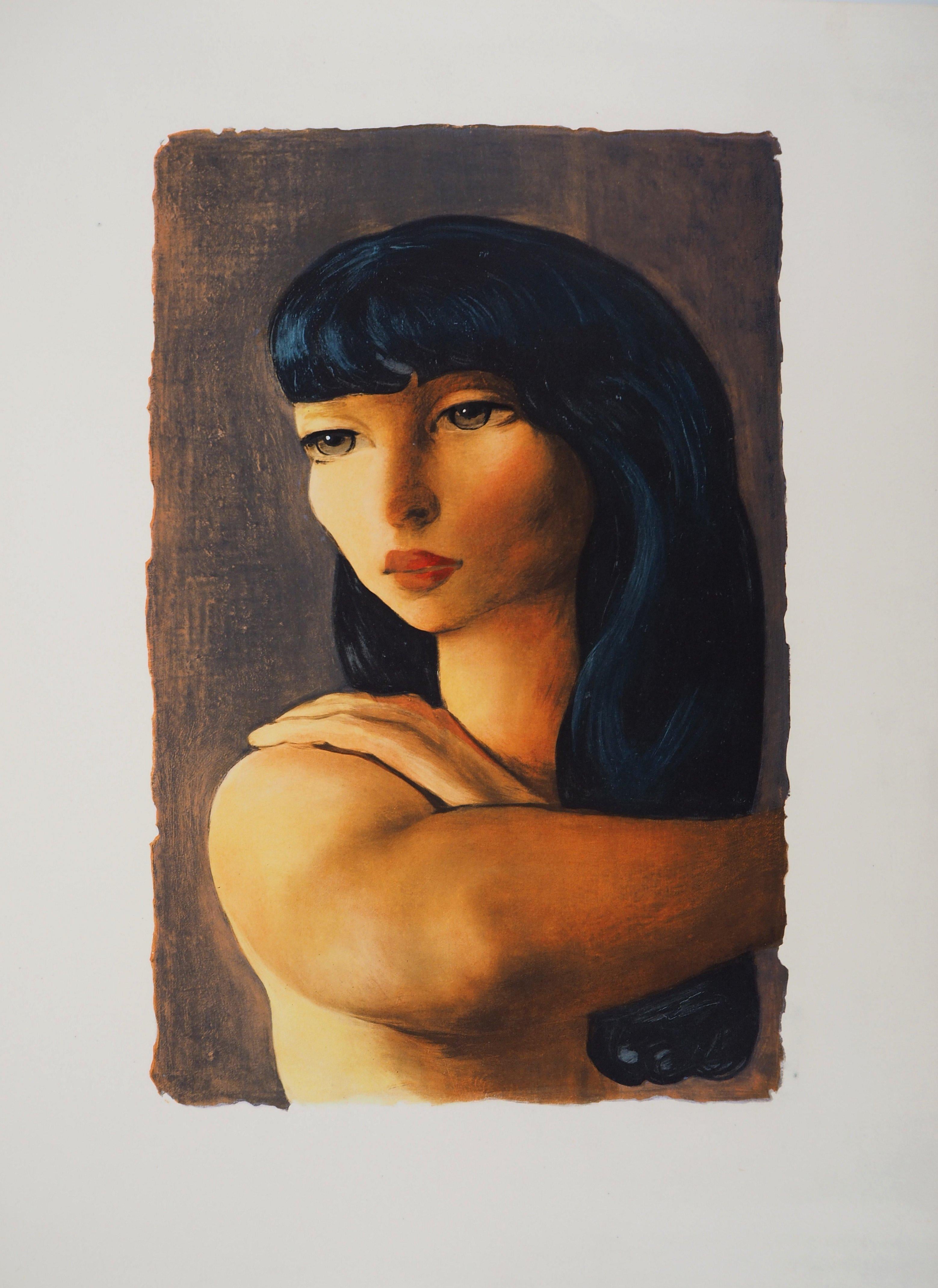 Moise Kisling Portrait Print - Dark Hair Woman with Tall Eyes - Lithograph