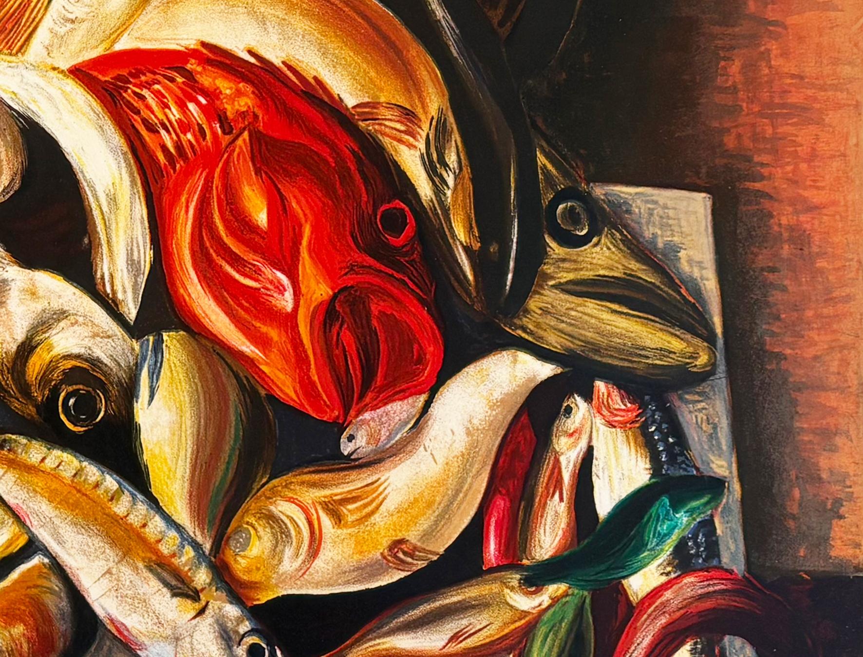 Pescado en la cesta - Still-Life Print Marrón de Moise Kisling
