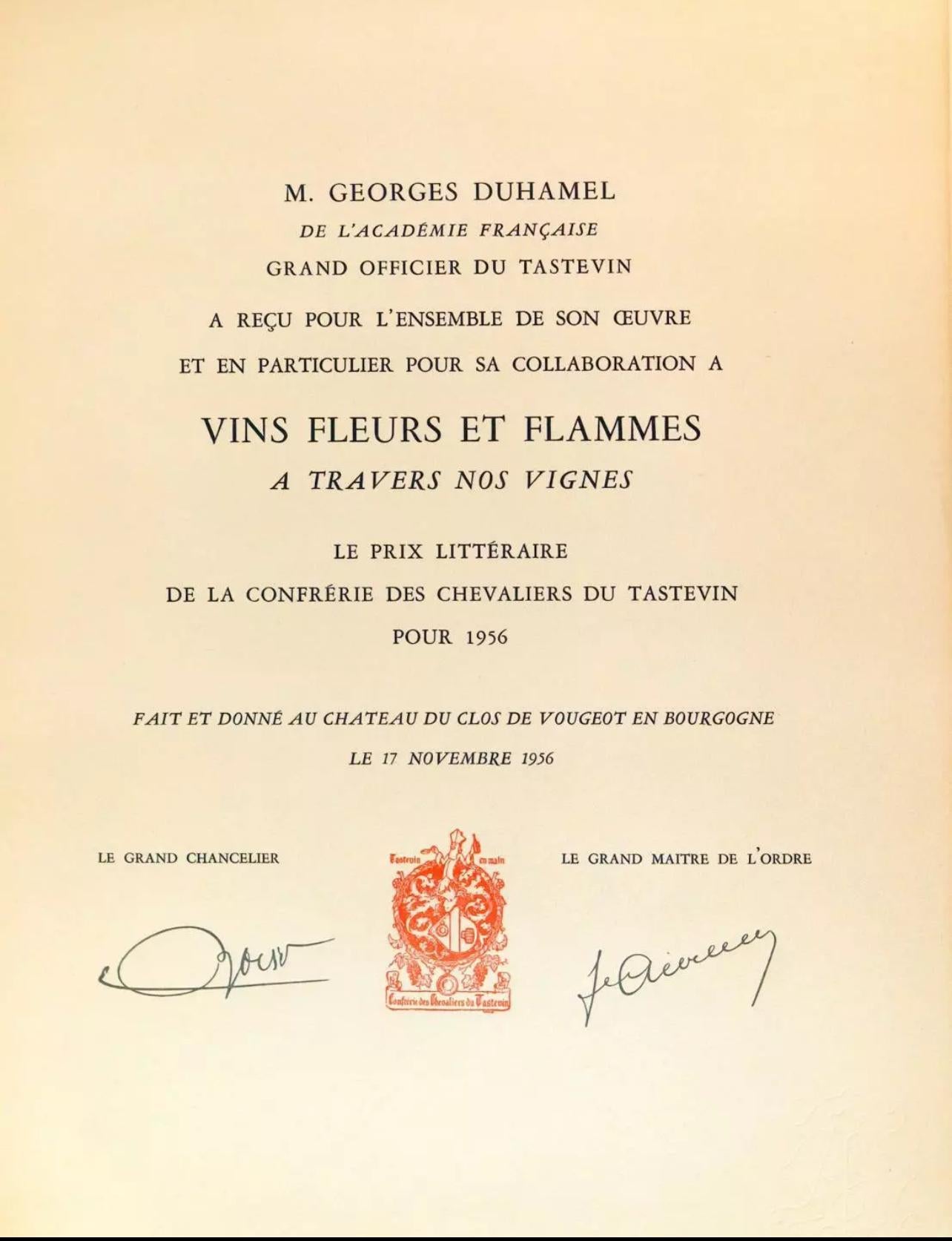 Lithograph and Stencil on grand vélin d'Arches spécial paper. Unsigned and unnumbered, as issued. Good condition. Notes: From the volume, Vins, Fleurs et Flammes, 1956. Published by M. Georges Duhamel, the L'Académie française, Grand Officier du