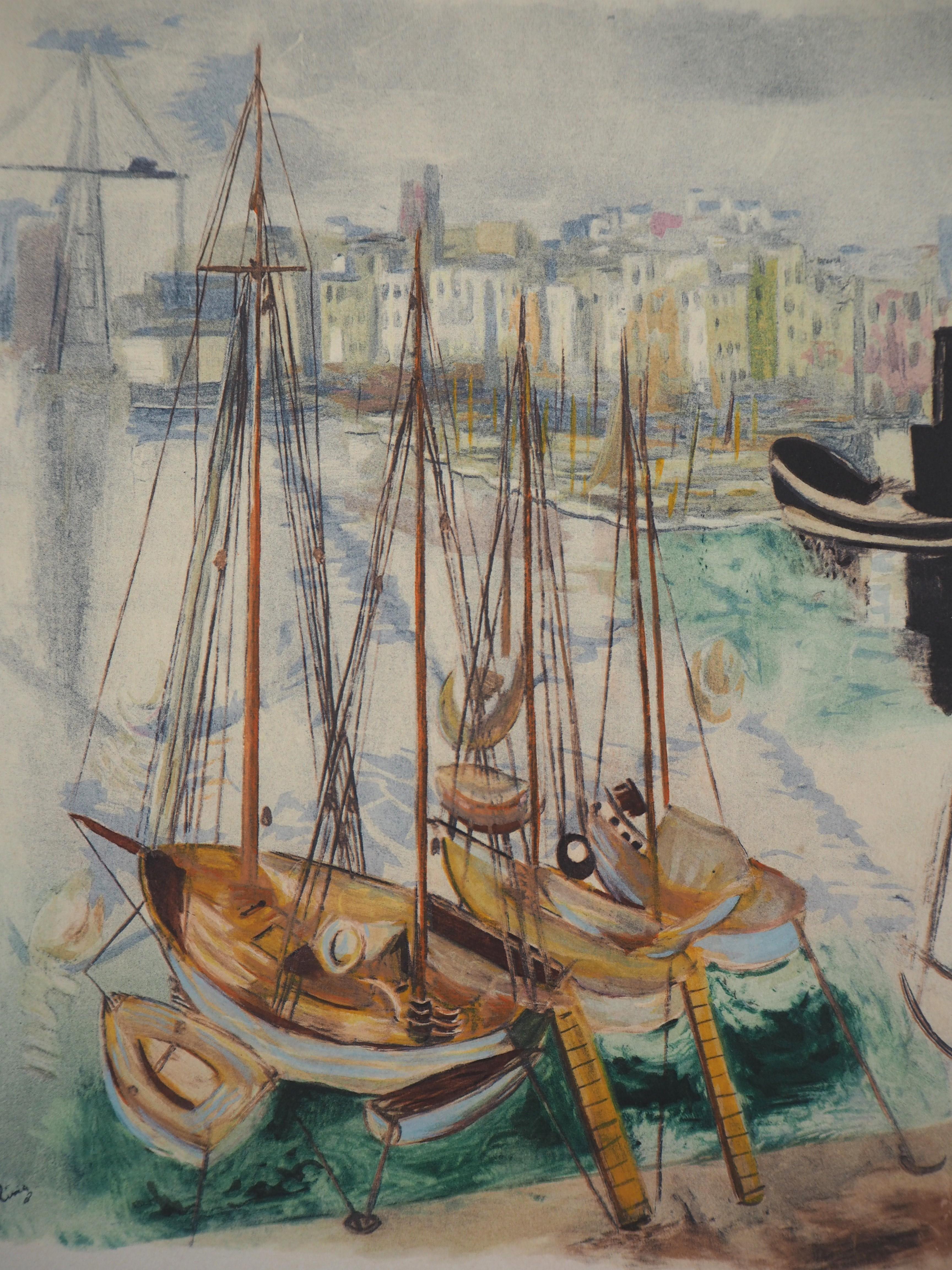 Sailing Boats in French Harbour - Original Lithograph - Print by Moise Kisling
