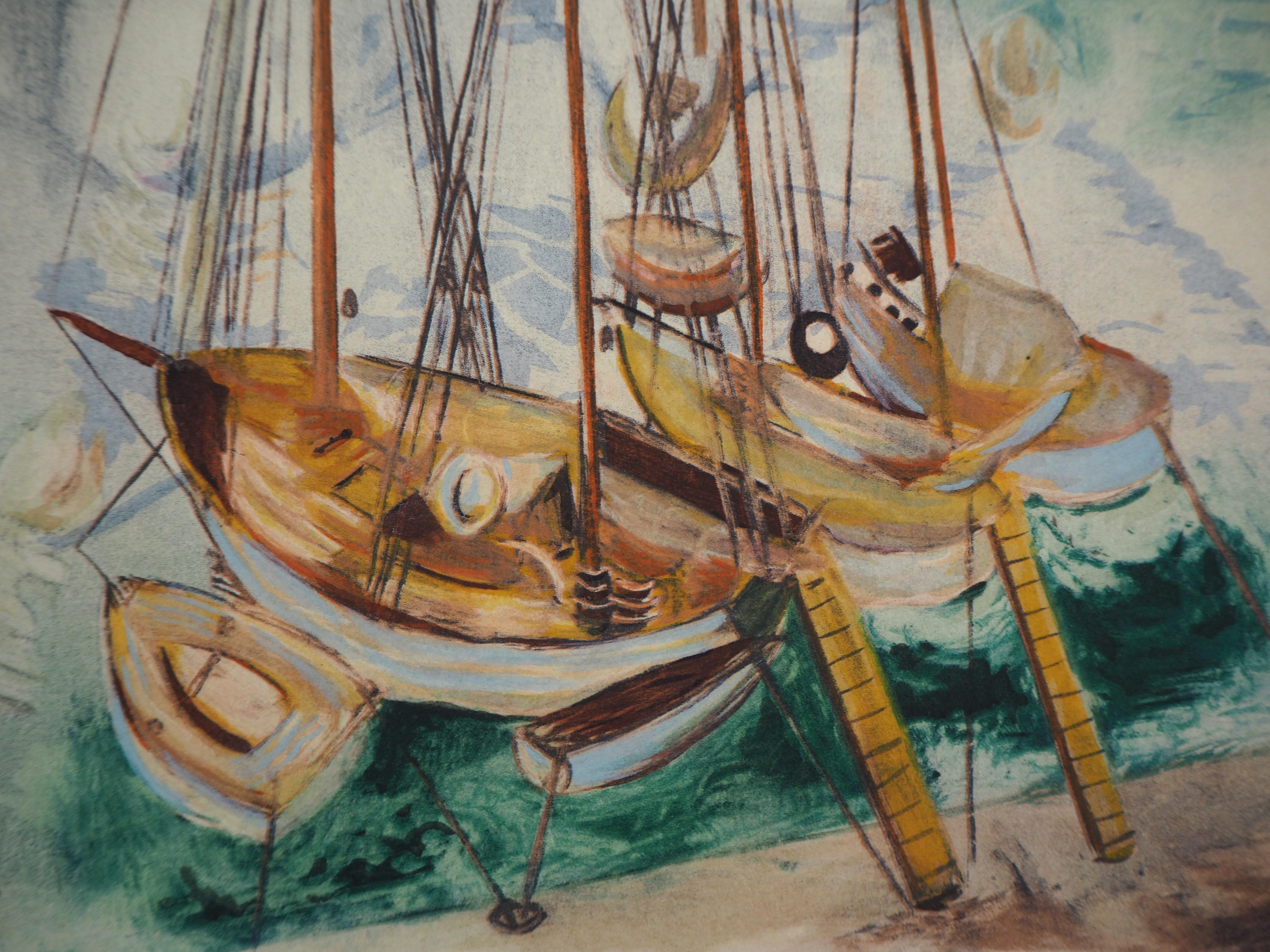 Sailing Boats in French Harbour - Original Lithograph - Brown Landscape Print by Moise Kisling