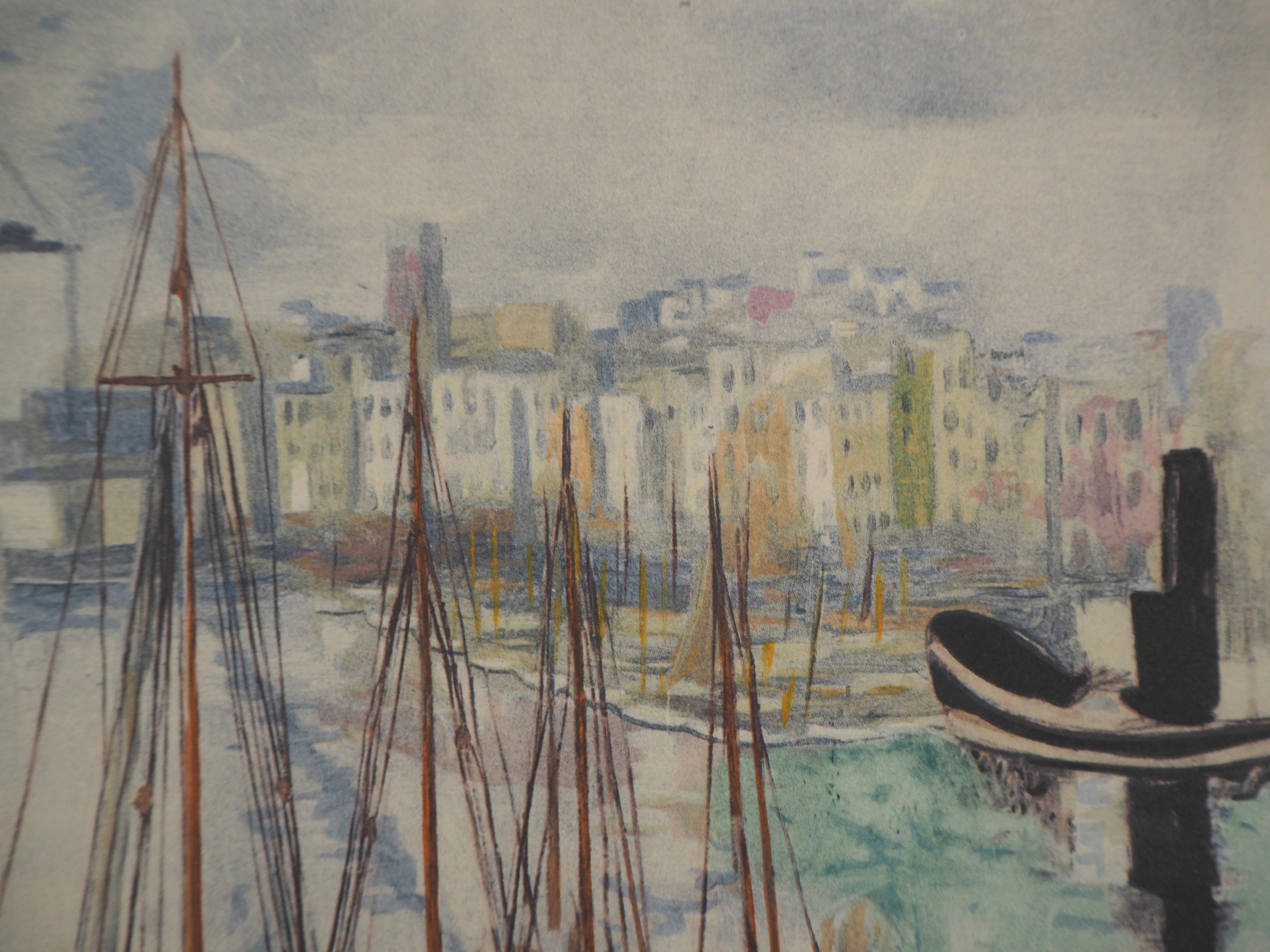 Sailing Boats in French Harbour - Original Lithograph For Sale 1