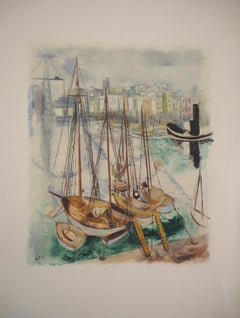 Vintage Sailing Boats in French Harbour - Original Lithograph