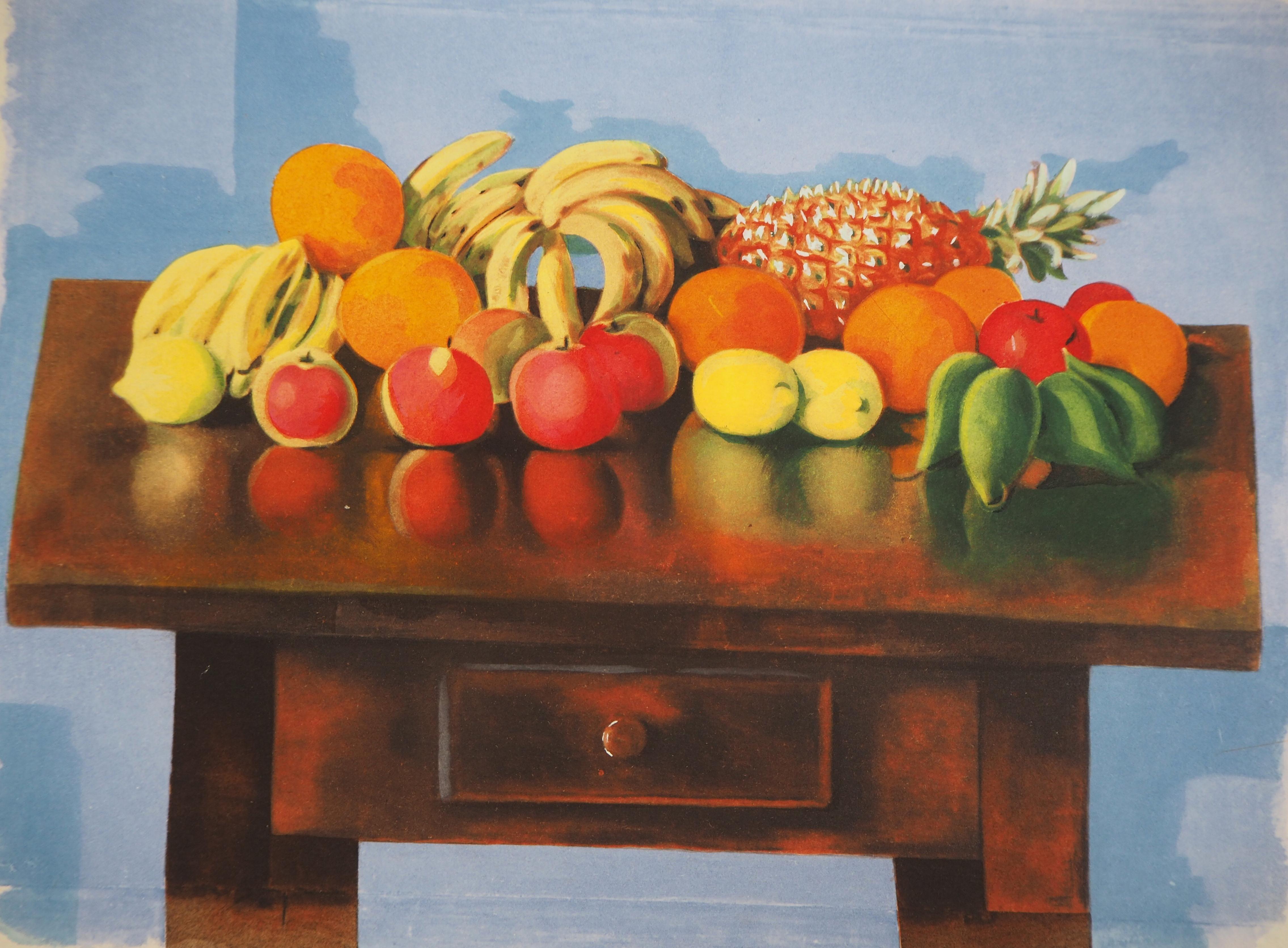 Table of Summer Fruits - Original Lithograph - Print by Moise Kisling