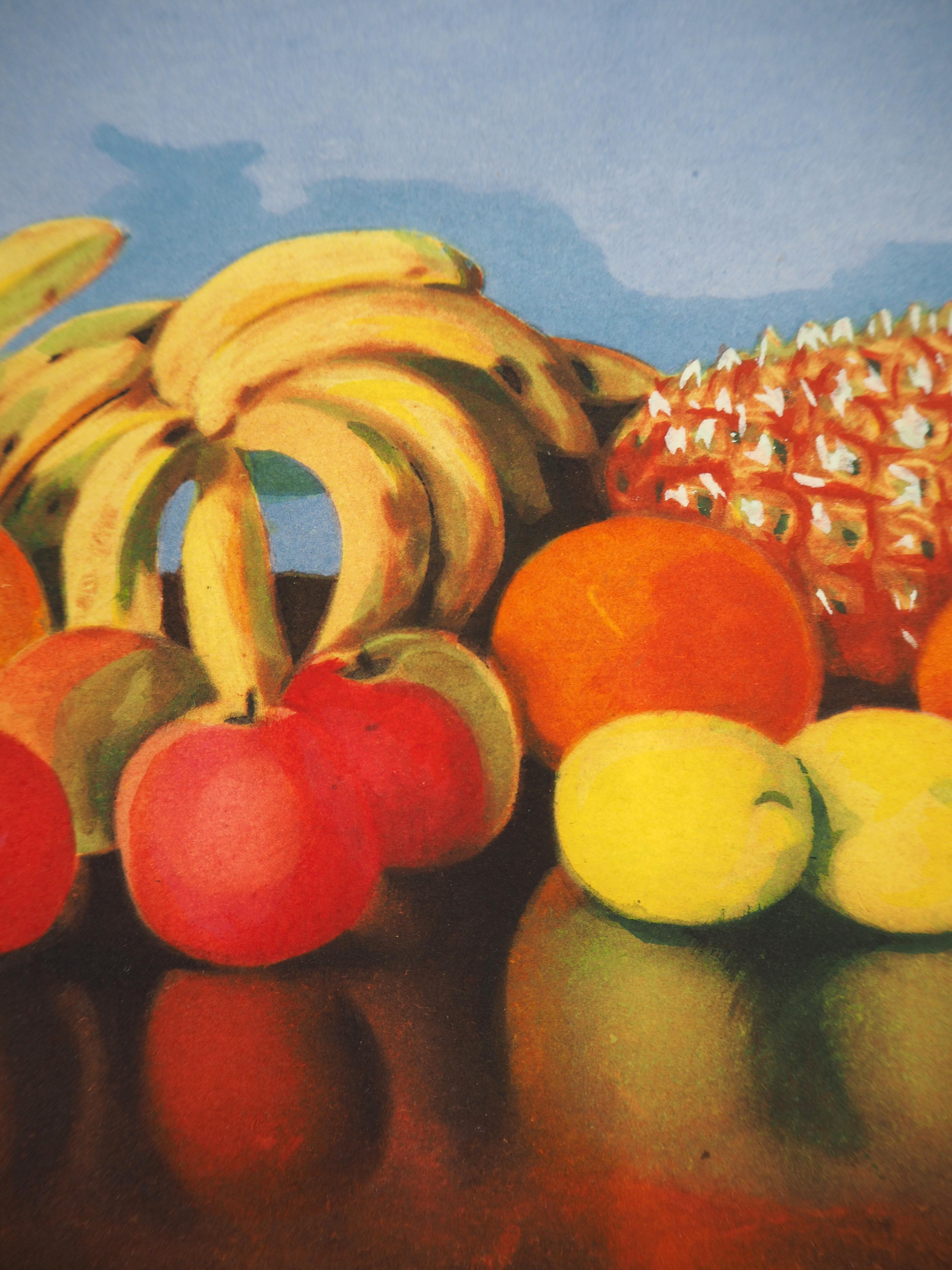 Tisch mit Sommerfrüchten – Original Lithographie im Angebot 1