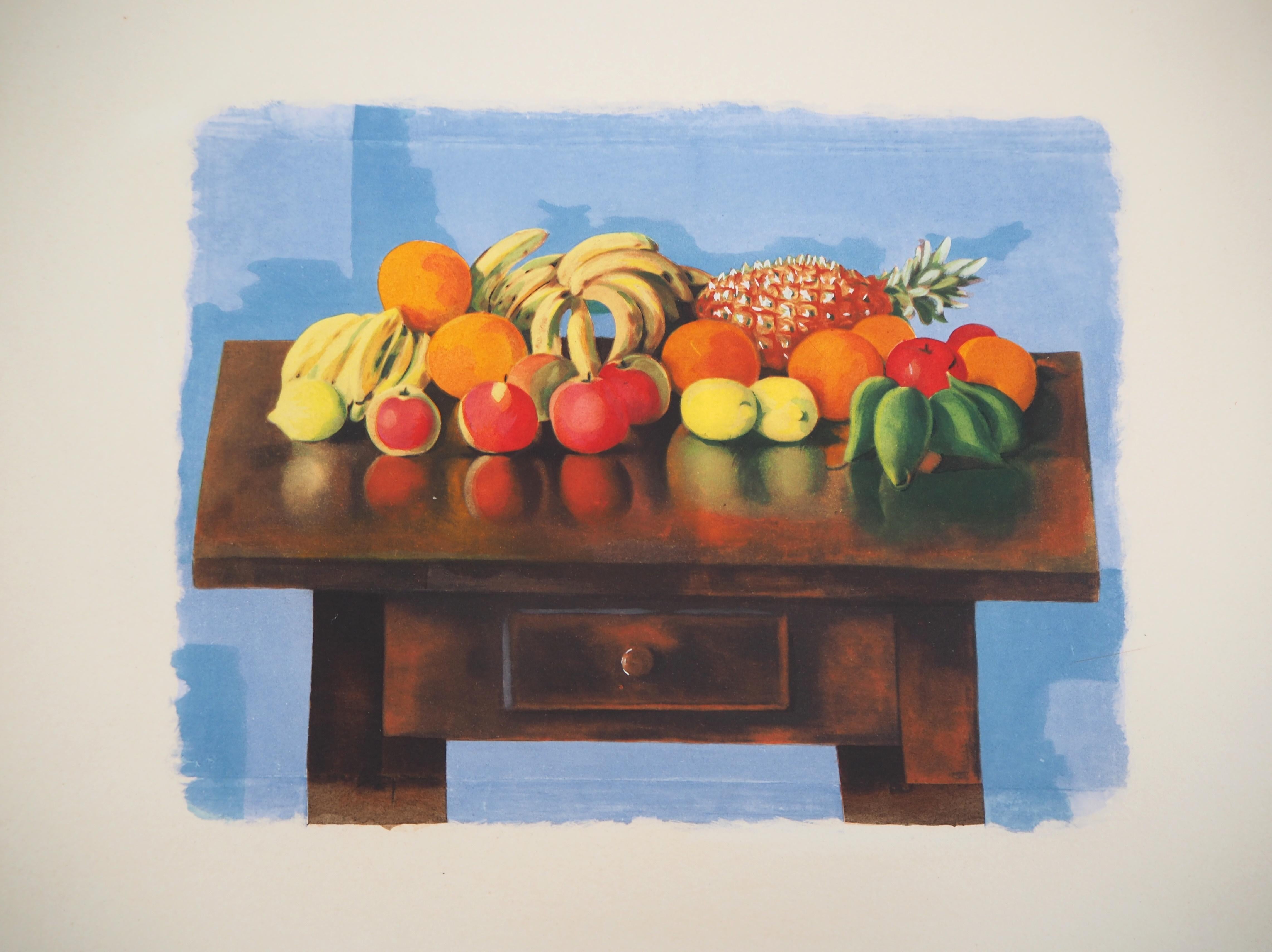 Tisch mit Sommerfrüchten – Original Lithographie