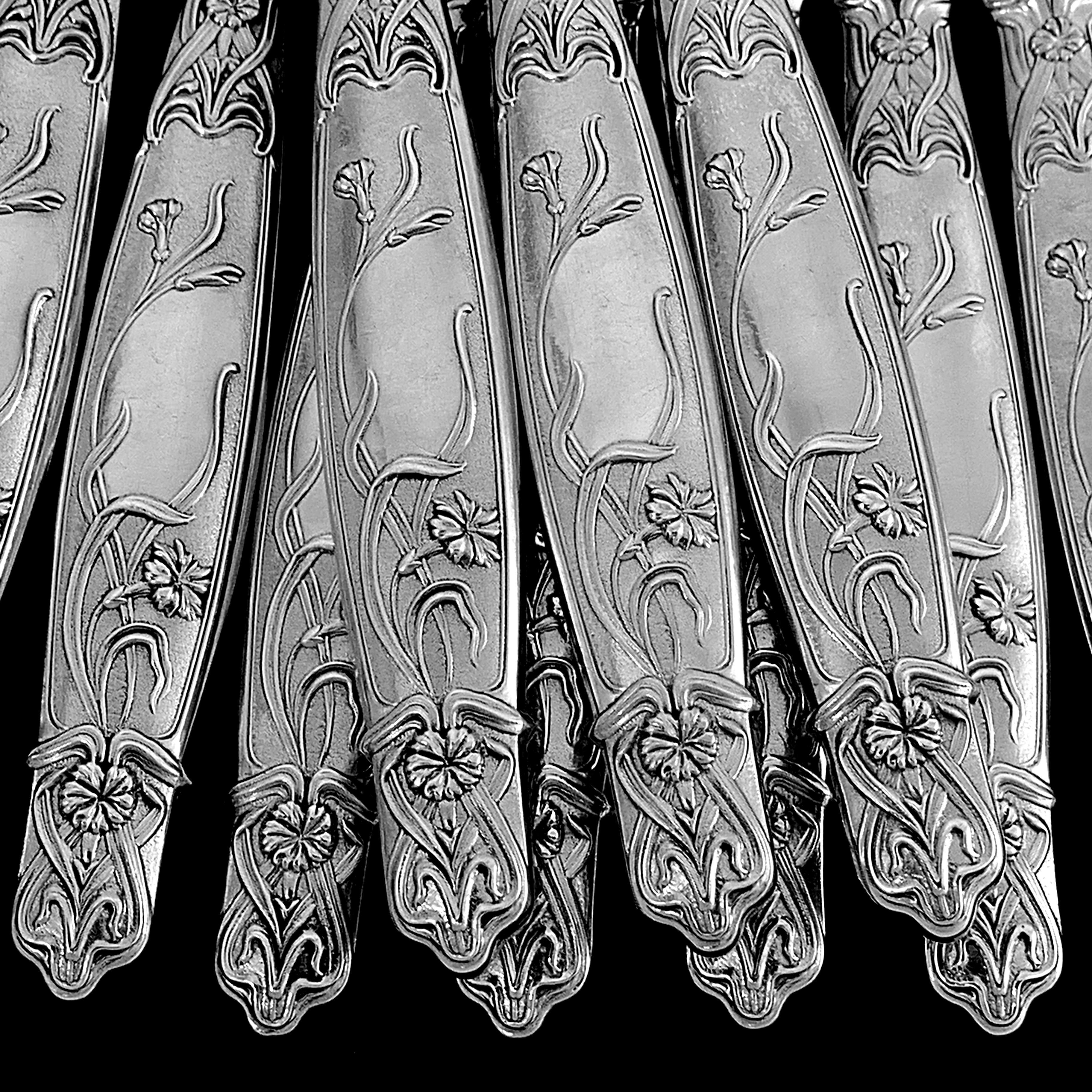 Art Nouveau Moise Rare French Sterling Silver Oyster Forks Set, Poppie