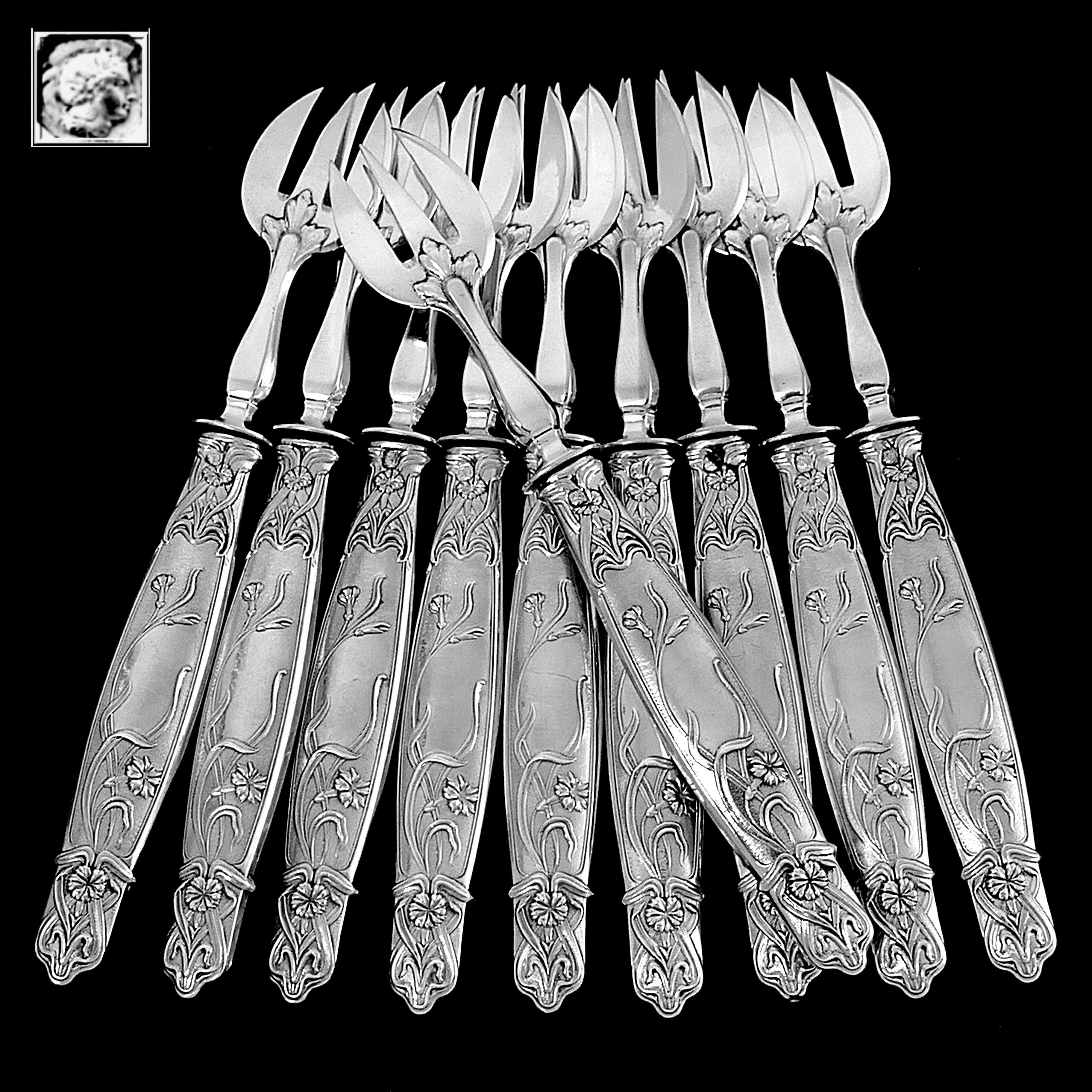 Moise Rare French Sterling Silver Oyster Forks Set, Poppie In Good Condition In TRIAIZE, PAYS DE LOIRE