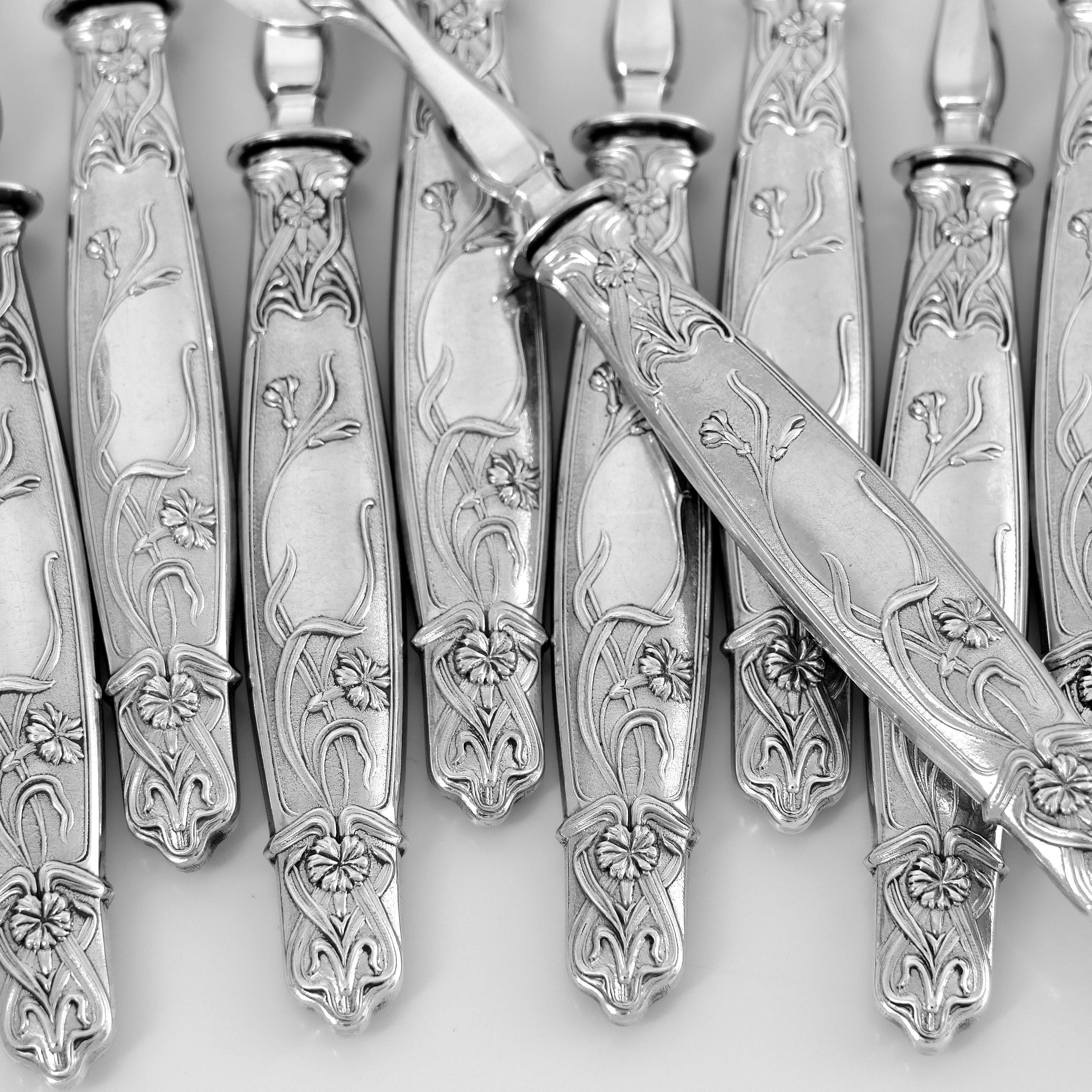 Early 20th Century Moise Rare French Sterling Silver Oyster Forks Set, Poppie